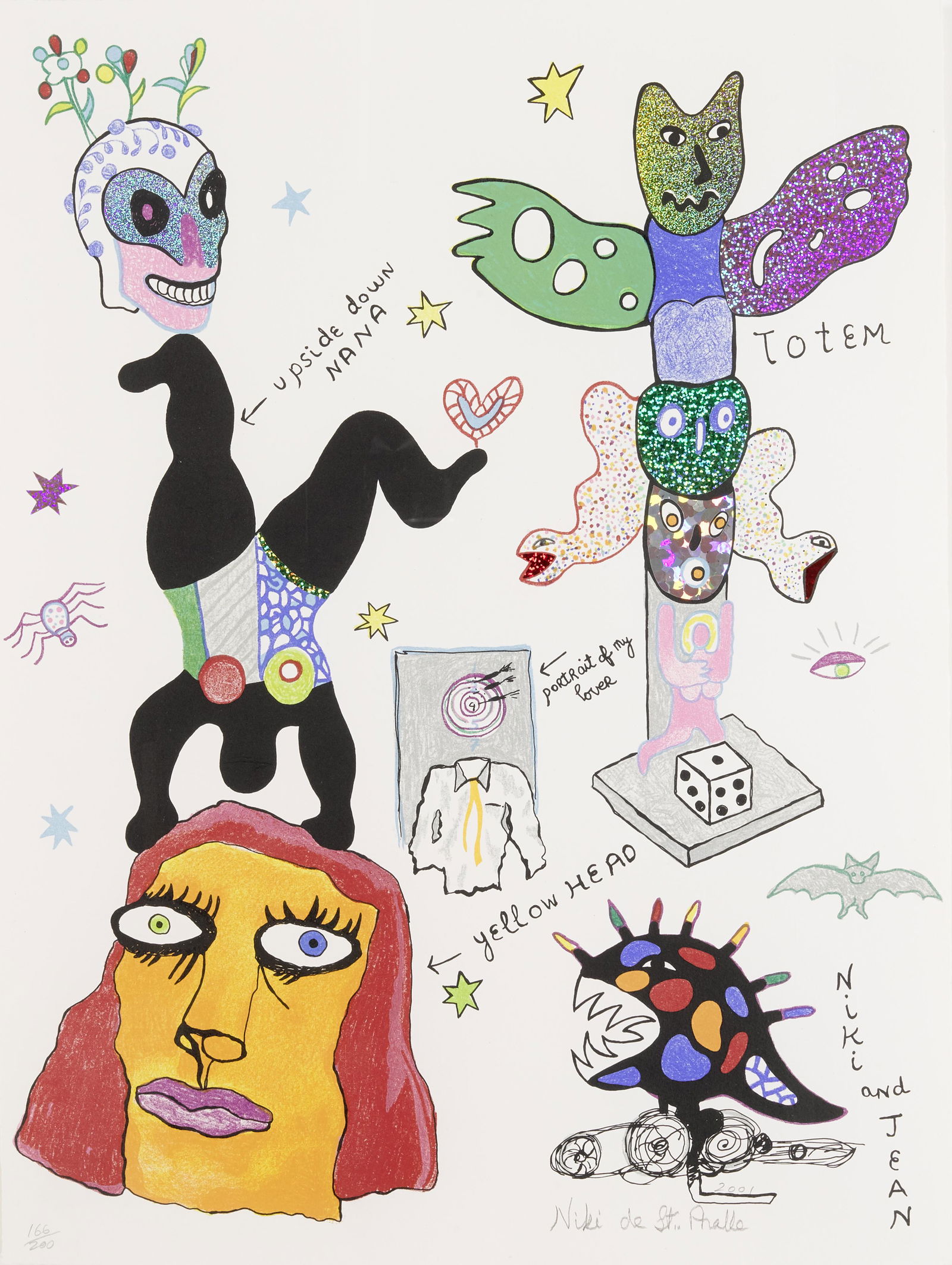 Niki de Saint Phalle (1930-2002); Totem;: Niki de Saint Phalle (1930-2002) Totem, 2001 Lithograph in colors with collage, on wove paper, signed in pencil, dated and numbered 166/200 (there were also 50 artist's proofs), with full margins, fra