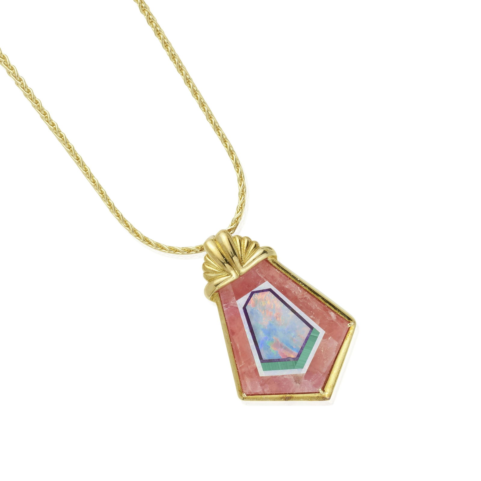Multi-gemstone Intarsia Pendant on Gold Chain by (1 of 1)
