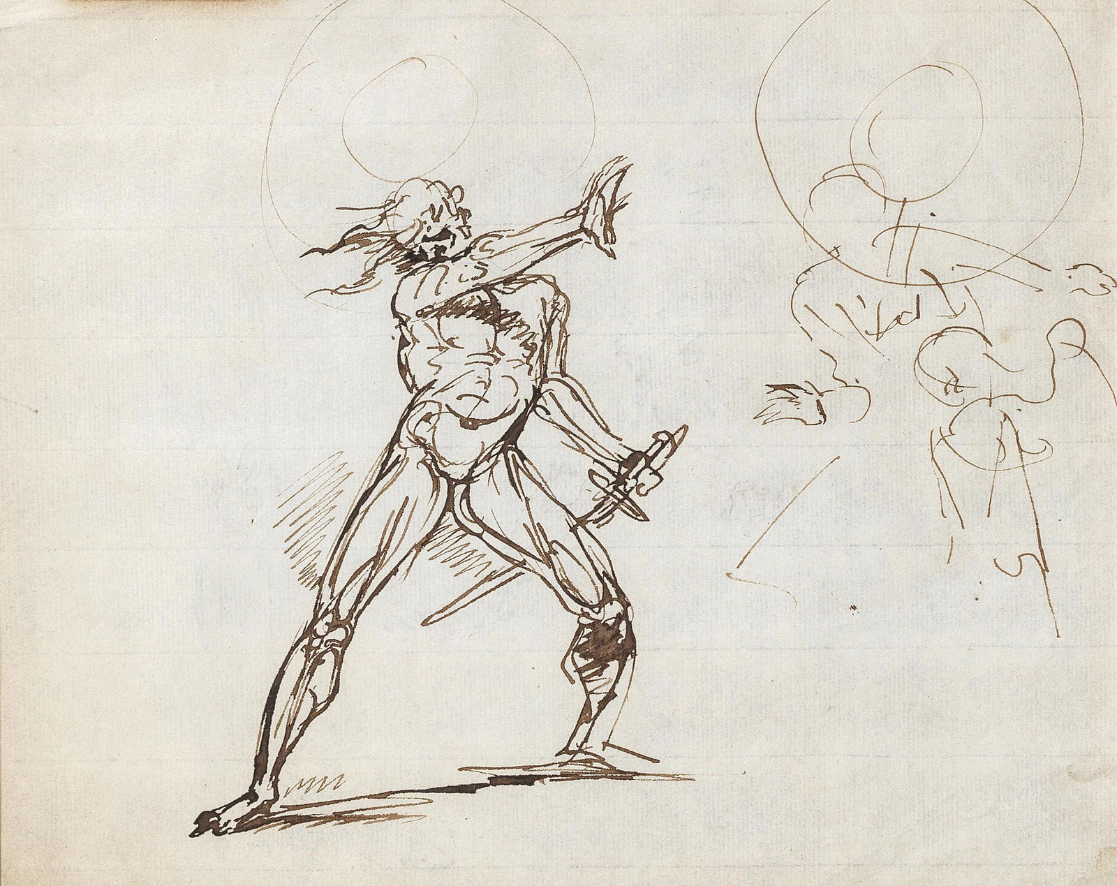 Raphael Lamar West (American, 1769-1850): Raphael Lamar West (American, 1769-1850) A warrior pen and brown ink on laid paper 21.5 x 26.5cm (8 7/16 x 10 7/16in). with a study of a figure with bow and arrow, and a right leg, in pencil to the re