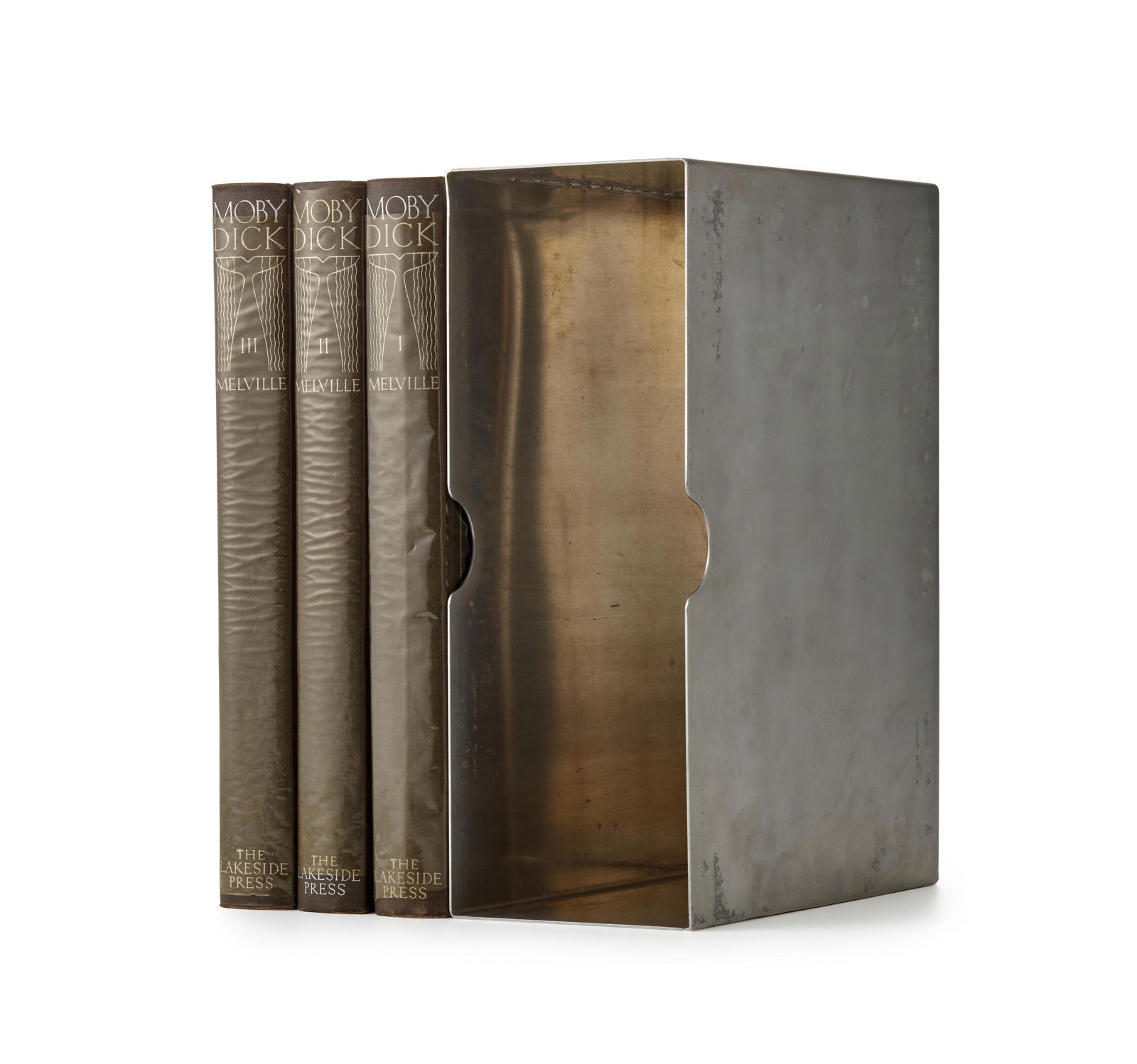 KENT, ROCKWELL. 1882-1971.: KENT, ROCKWELL. 1882-1971. MELVILLE, HERMAN. 1819-1891 Moby Dick; or The Whale. Chicago: The Lakeside Press, 1930. 3 volumes. 4to (290 x 206 mm). Profusely illustrated with wood engravings by Rockwell