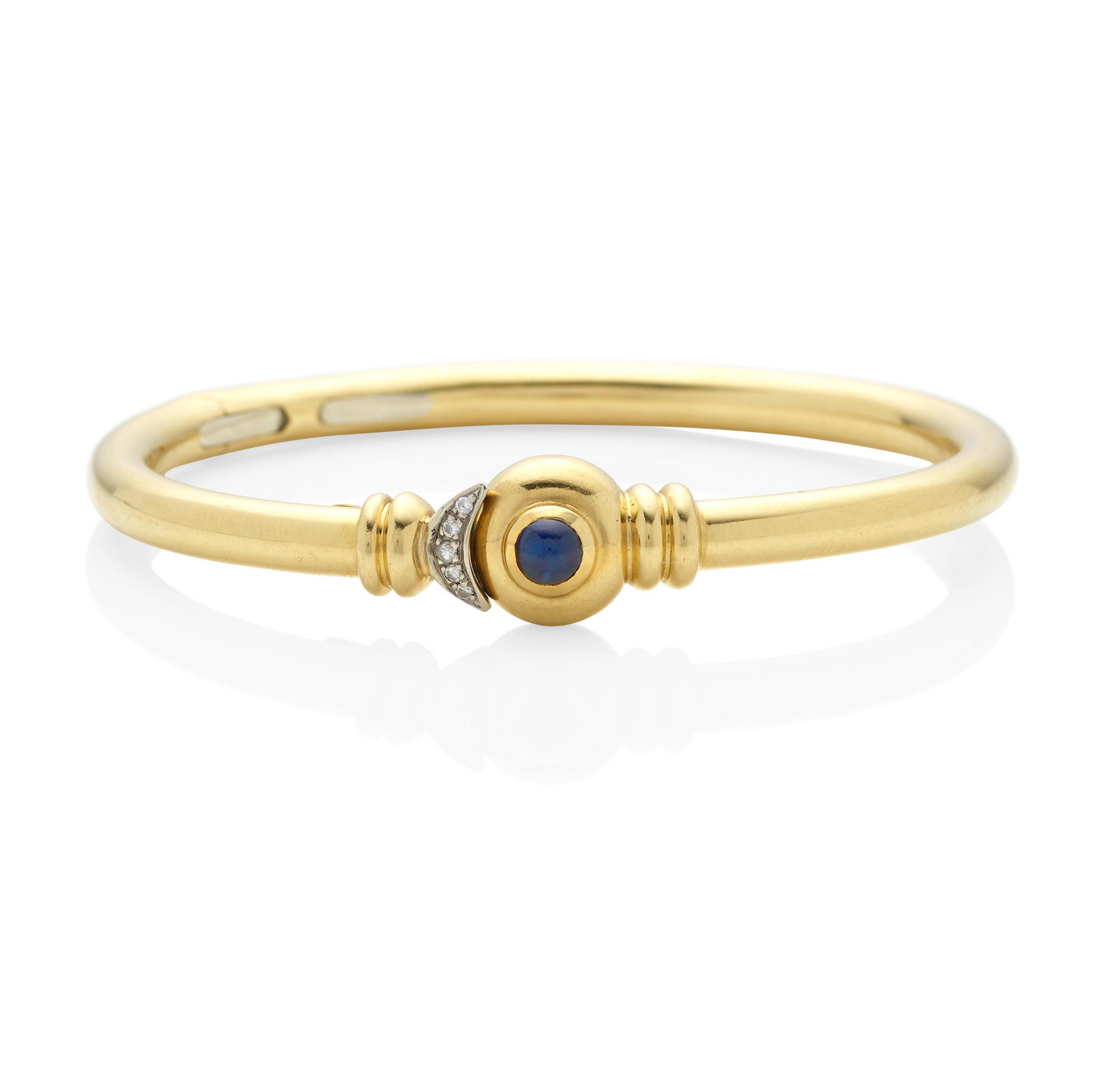 CHIMENTO: 18K GOLD, SAPPHIRE, AND DIAMOND HINGED: CHIMENTO: 18K GOLD, SAPPHIRE, AND DIAMOND HINGED BANGLE, ITALY Set with a round-shaped cabochon-cut sapphire with an estimated weight of 0.60 carat and accented by round diamonds with an estimated wei