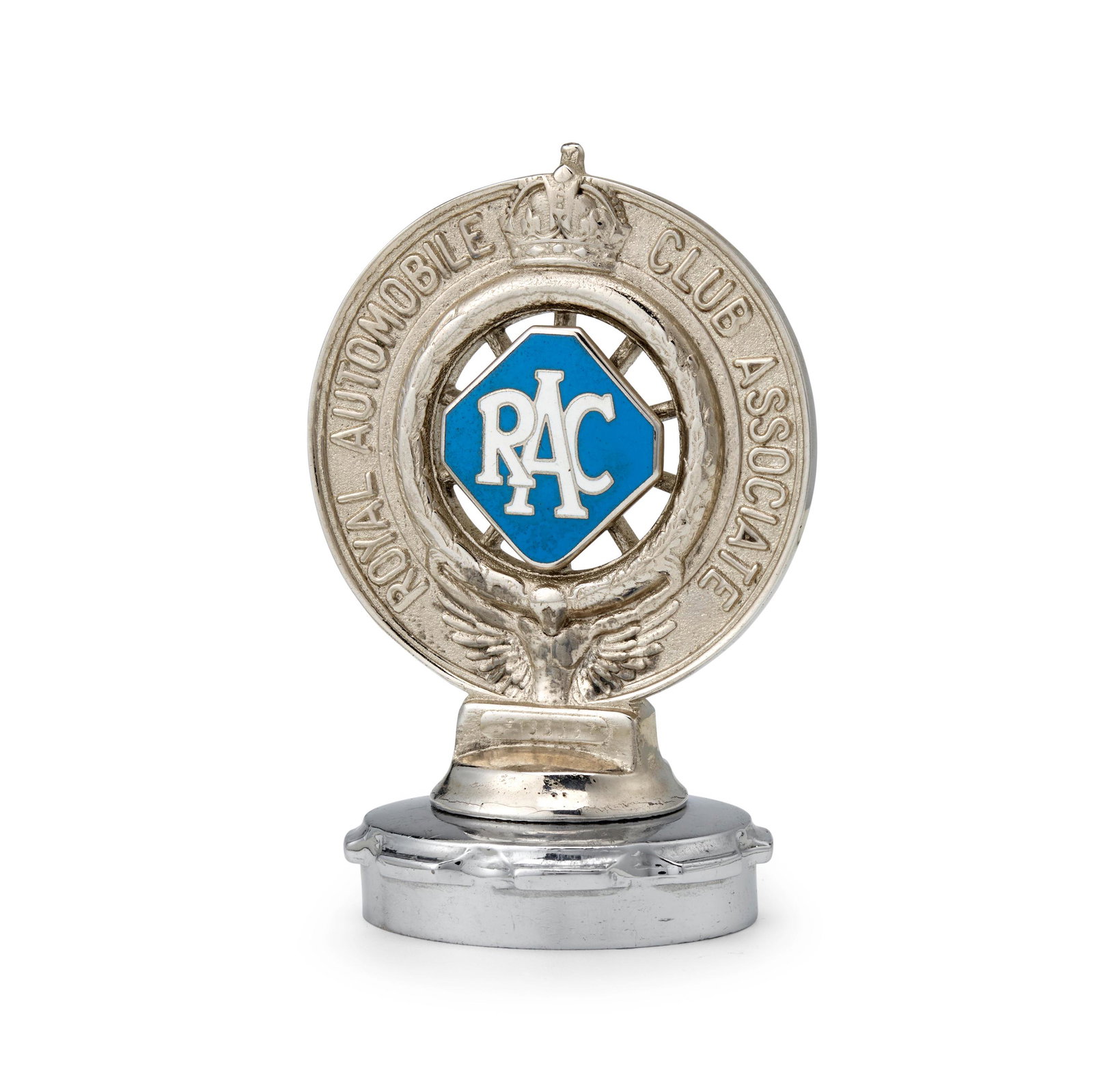 A Royal Automobile Club Associate member's badge: A Royal Automobile Club Associate member's badge, post 1945, chrome plated die-cast metal with blue and white enamel center, 4 inches high, on a chromed radiator cap.