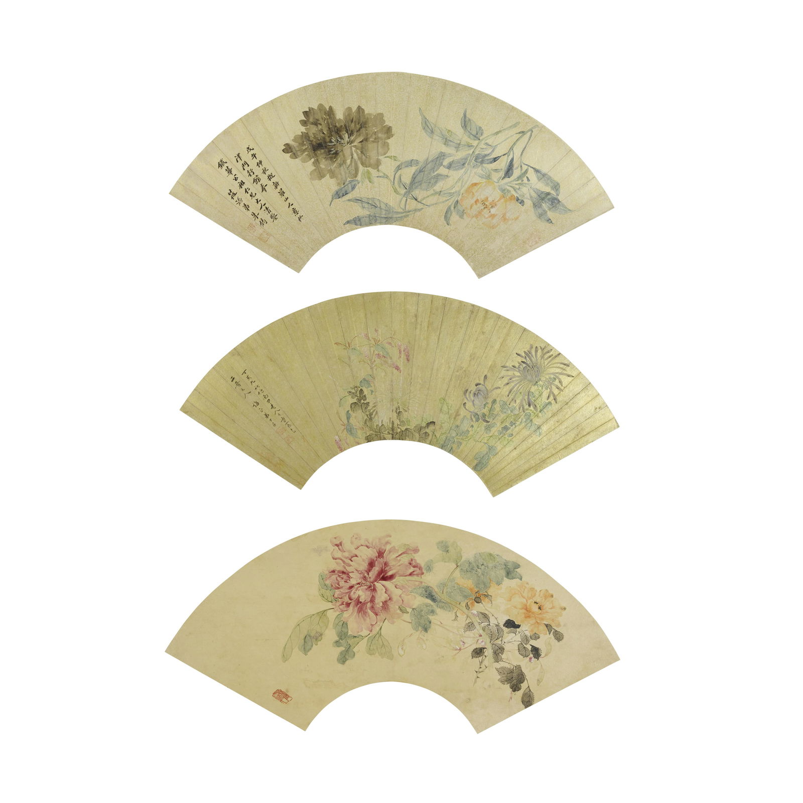 Zhu Jun (?-1860) and Others Three paintings of Flower: Zhu Jun (?-1860) and Others Three paintings of Flower subjects Three folding fan leaves, each mounted for framing a) Zhu Jun (?-1860) Flowers, ink and color on gold-flecked paper, inscribed, dated wuw