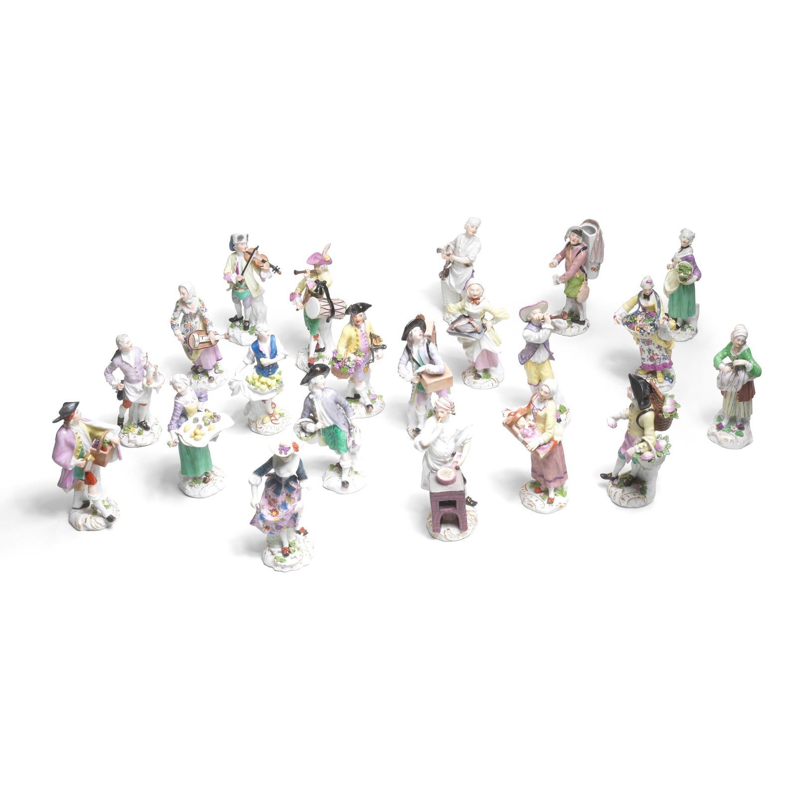 A VERY RARE SET OF TWENTY-ONE MEISSEN 'CRIS DE PARIS': A very rare set of twenty-one Meissen 'Cris de Paris' figures, circa 1755 Modelled by Peter Reinicke after drawings by Christophe Huet of 1753, comprising: crier with a magic lantern, the spirits sel