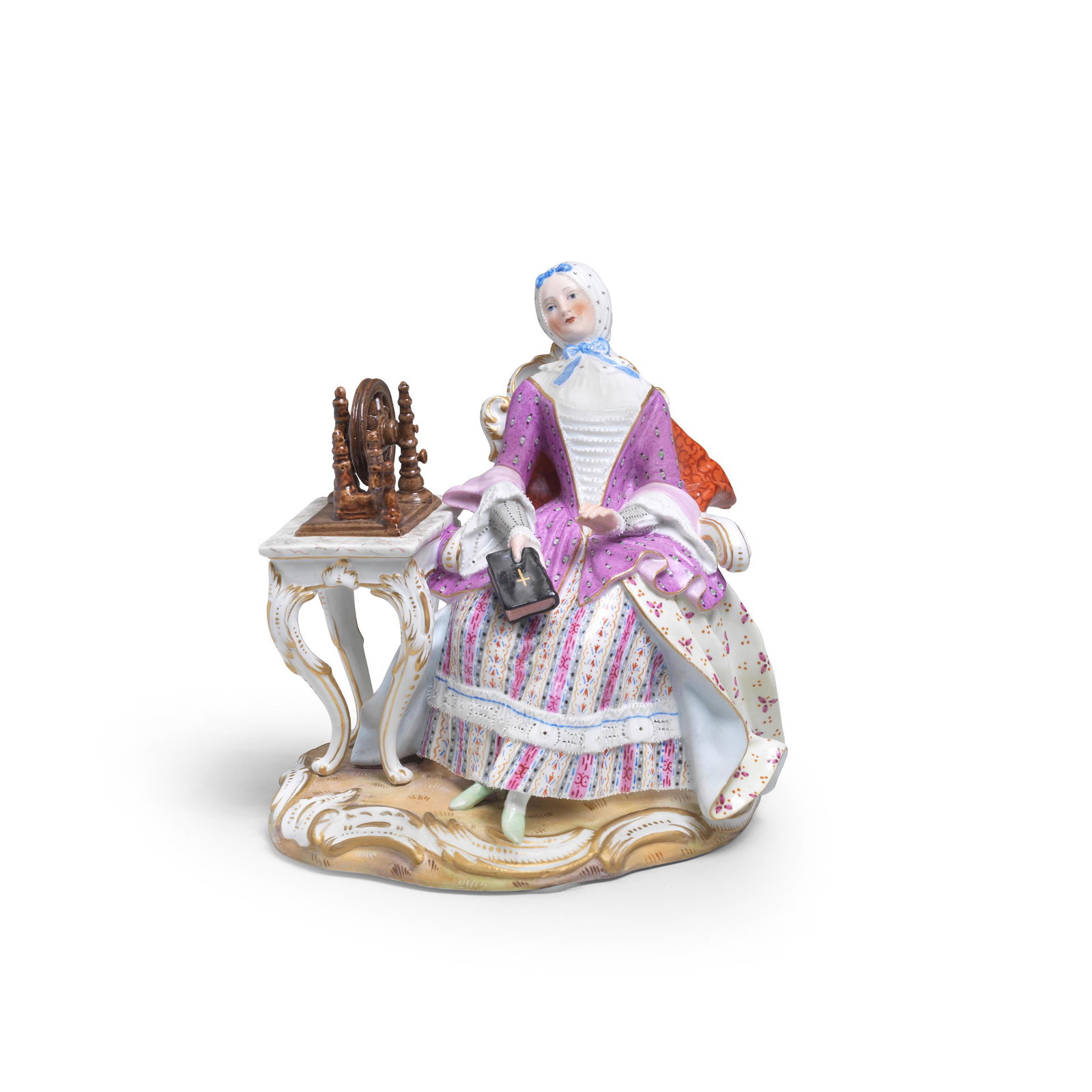 A MEISSEN FIGURE OF A LADY AT A SPINNING WHEEL, LATE (1 of 1)