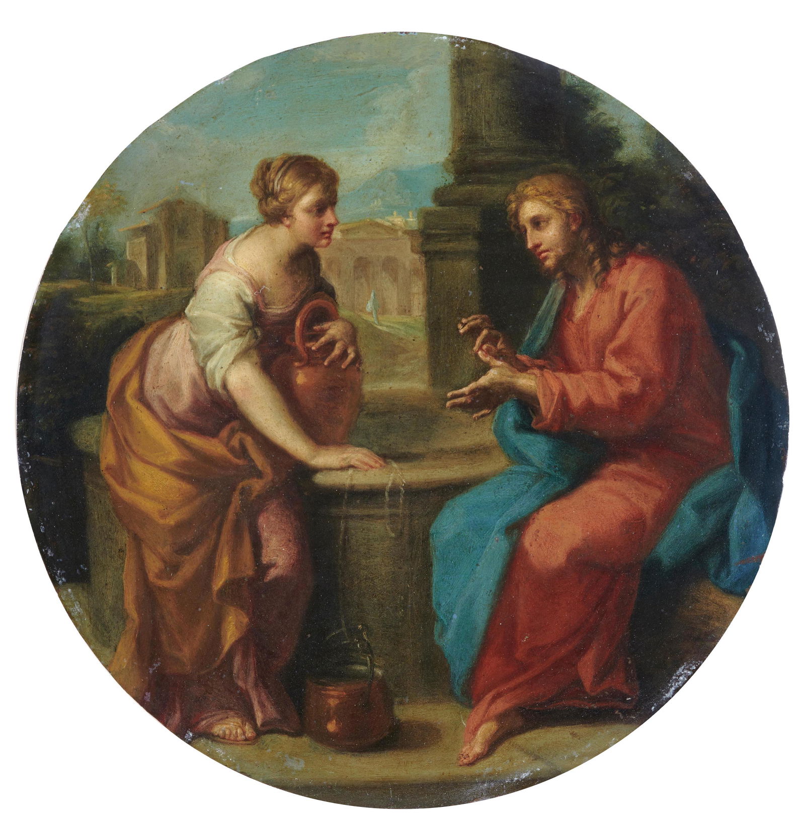 Placido Costanzi (Rome 1690-1759): PLACIDO COSTANZI (ROME 1690-1759) Noli me tangere; and Christ and the Woman of Samaria a pair, oil on copper, tondi 25.1cm. (10 in.) diameter (2) Footnotes The main figures in both works echo those