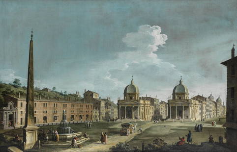 Circle of Bernardo Bellotto (born Venice 1720-1780: CIRCLE OF BERNARDO BELLOTTO (BORN VENICE 1720-1780 WARSAW) The Piazza del Popolo, Rome bears inscription 'Veduta della Piazza del Popolo entrandosi nella Citta di Roma' (on the reverse) oil on canvas