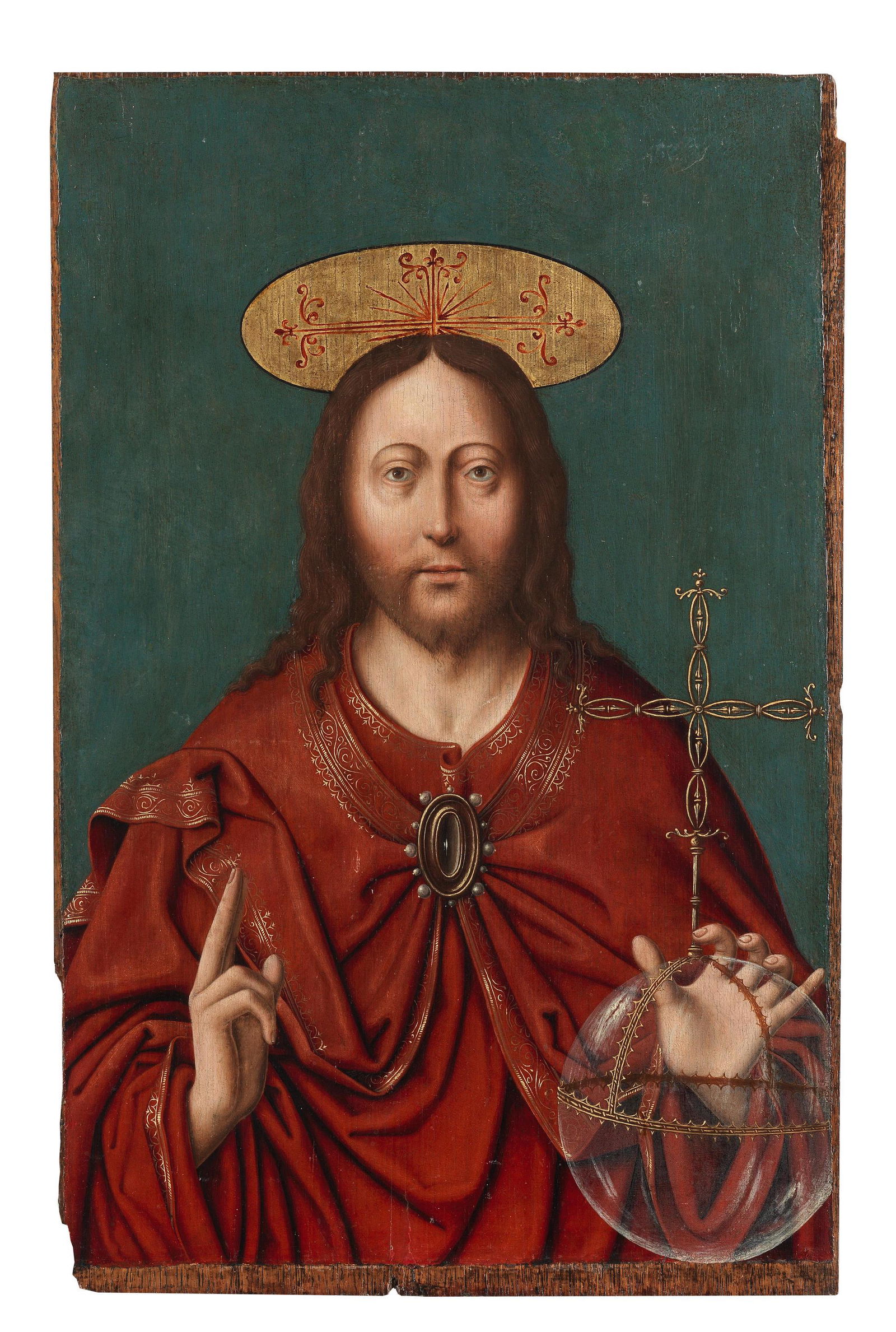 Follower of Joos van Cleve (undefined, Cleve circa: FOLLOWER OF JOOS VAN CLEVE (UNDEFINED, CLEVE CIRCA 1485-CIRCA 1540 ANTWERP) Salvator Mundi oil on panel 44.1 x 28.4cm (17 3/8 x 11 3/16in). unframed Footnotes Provenance Private Collection, Th