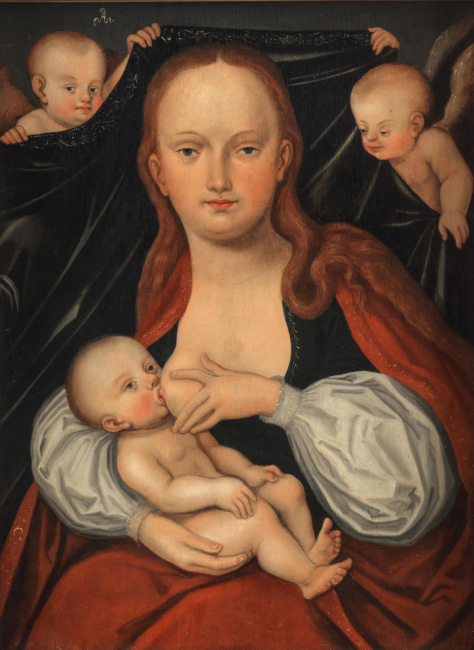 Studio of Lucas Cranach the Younger (Wittenberg: STUDIO OF LUCAS CRANACH THE YOUNGER (WITTENBERG 1515-1586 WEIMAR) The Madonna and Child before a curtain held by two angels bears the artist's serpent device (upper left) oil on panel 49.7 x 36.1cm (1