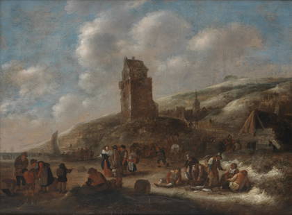Klaes Molenaer (Haarlem circa 1630-1676) Fishermen with: KLAES MOLENAER (HAARLEM CIRCA 1630-1676) Fishermen with their catch on the beach signed and dated 'k. molenaer/ 16*4' (lower right) oil on panel 47.6 x 63.4cm (18 3/4 x 24 15/16in). Footnotes: