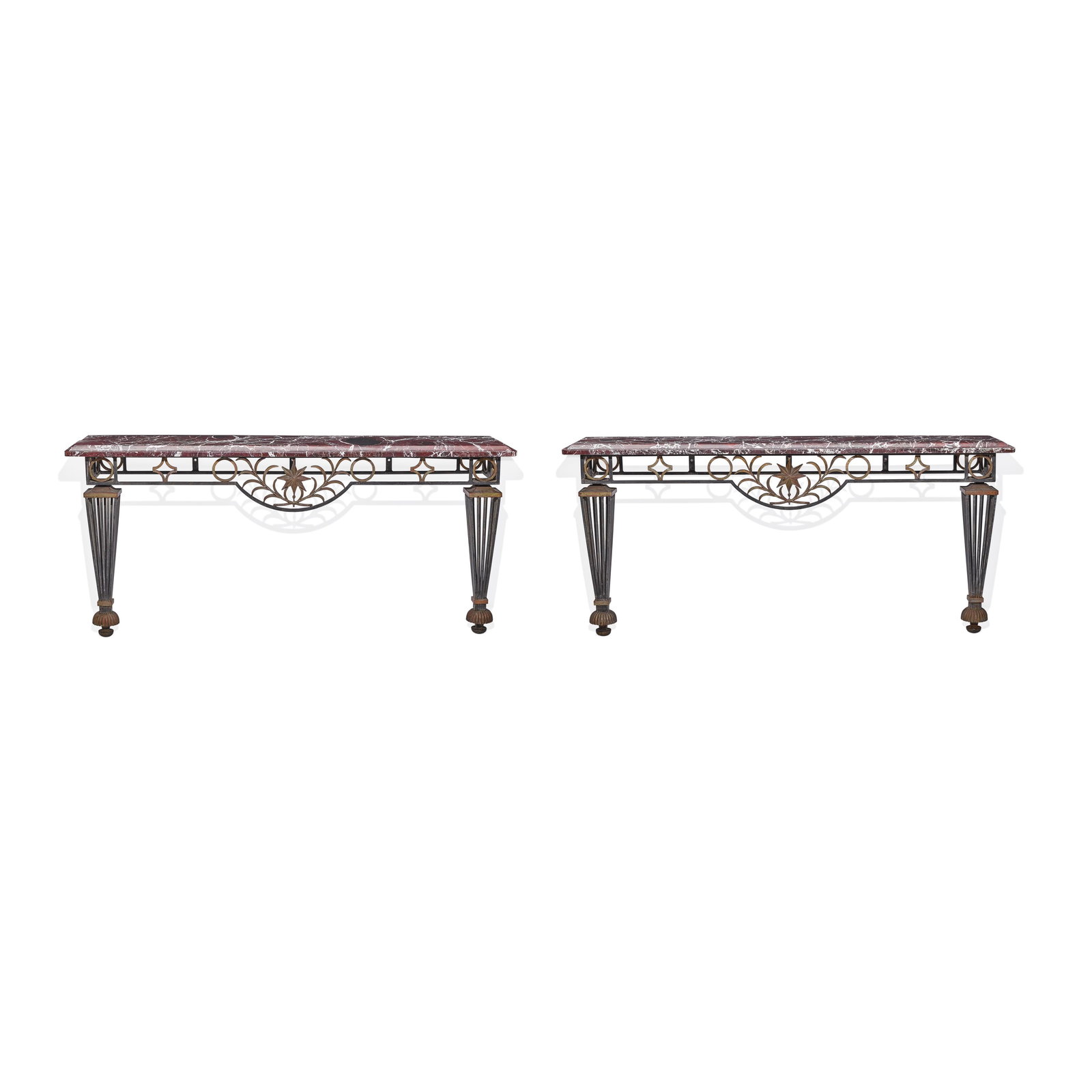 GILBERT POILLERAT (1902-1988); MANNER OF: GILBERT POILLERAT (1902-1988); MANNER OF Pair of Console Tables parcel gilt wrought iron, marble height 32 1/4in (82cm); width 68in (173cm); depth 12 1/2in (32cm) Footnotes: Literature Francois Baudo