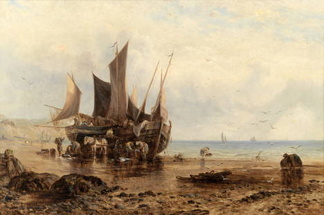 George Stainton (British, active 1866-1890) Fishing: George Stainton (British, active 1866-1890) Fishing boats unloading signed and dated 'G STAINTON/1874' (lower right); inscribed with title (on the reverse) oil on canvas 40.7 x 61cm (16 x 24in).