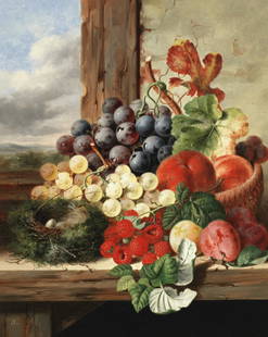 Edward Ladell (British, 1821-1886) Still life of fruit: Edward Ladell (British, 1821-1886) Still life of fruit and a bird's nest on a window ledge signed with monogram (lower left) oil on canvas 43.2 x 35.6cm (17 x 14in).