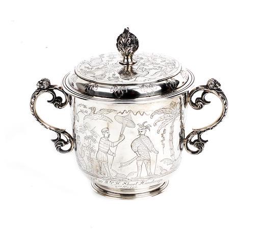 A BARC Brooklands 1926 '24th 90 MPH Short Handicap' 2nd: A BARC Brooklands 1926 '24th 90 MPH Short Handicap' 2nd place sterling silver trophy awarded to Alfred Moss, the twin-handled lidded porringer trophy by Charles & Richard Comyns, hallmarked London 192