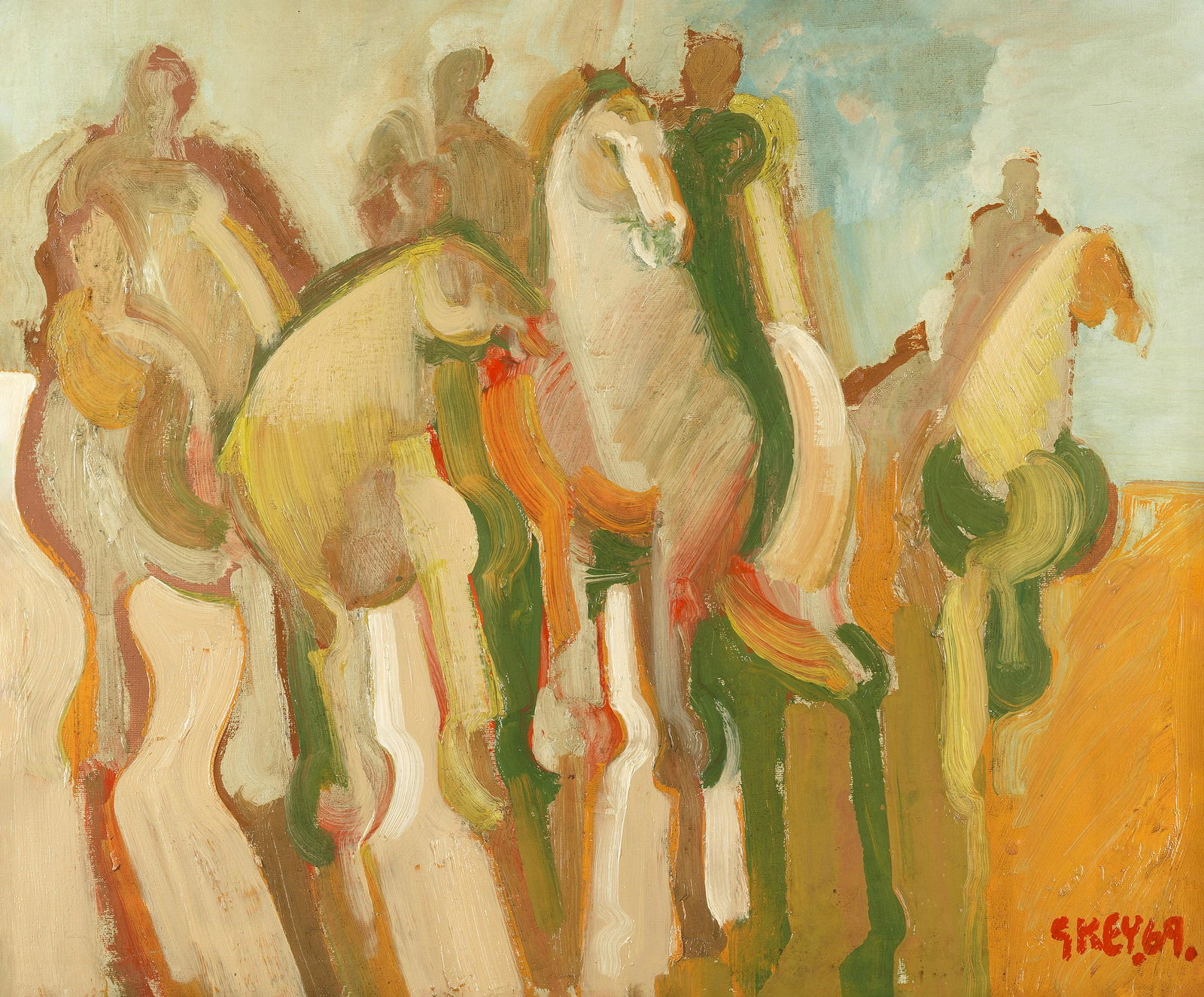 Geoffrey Key (British, born 1941) Riders: Geoffrey Key (British, born 1941) Riders signed and dated 'G KEY.69.' (lower right); further signed, dated and inscribed 'RIDERS/G KEY 69/GK.389.69' (on canvas verso) oil on canvas 50.5 x 61cm (19 7/8