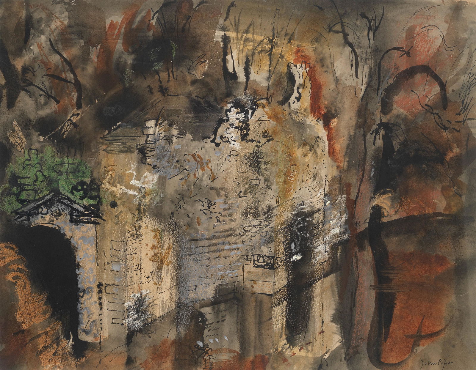 John Piper C.H. (British, 1903-1992) A Folly at the: John Piper C.H. (British, 1903-1992) A Folly at the Water's Edge signed 'John Piper' (lower right) watercolour, ink, oil pastel and chalk on paper 39 x 50.5cm (15 3/8 x 19 7/8in). Footnotes: