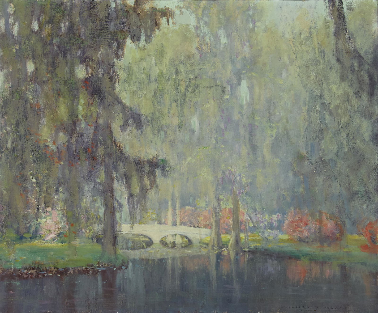 William Posey Silva (1859-1948) The Bridge in the: William Posey Silva (1859-1948) The Bridge in the Garden of Dreams signed 'William P. Silva' (lower right), signed again, titled and dated '1924' (on the reverse) oil on canvas affixed to board 20 x 2