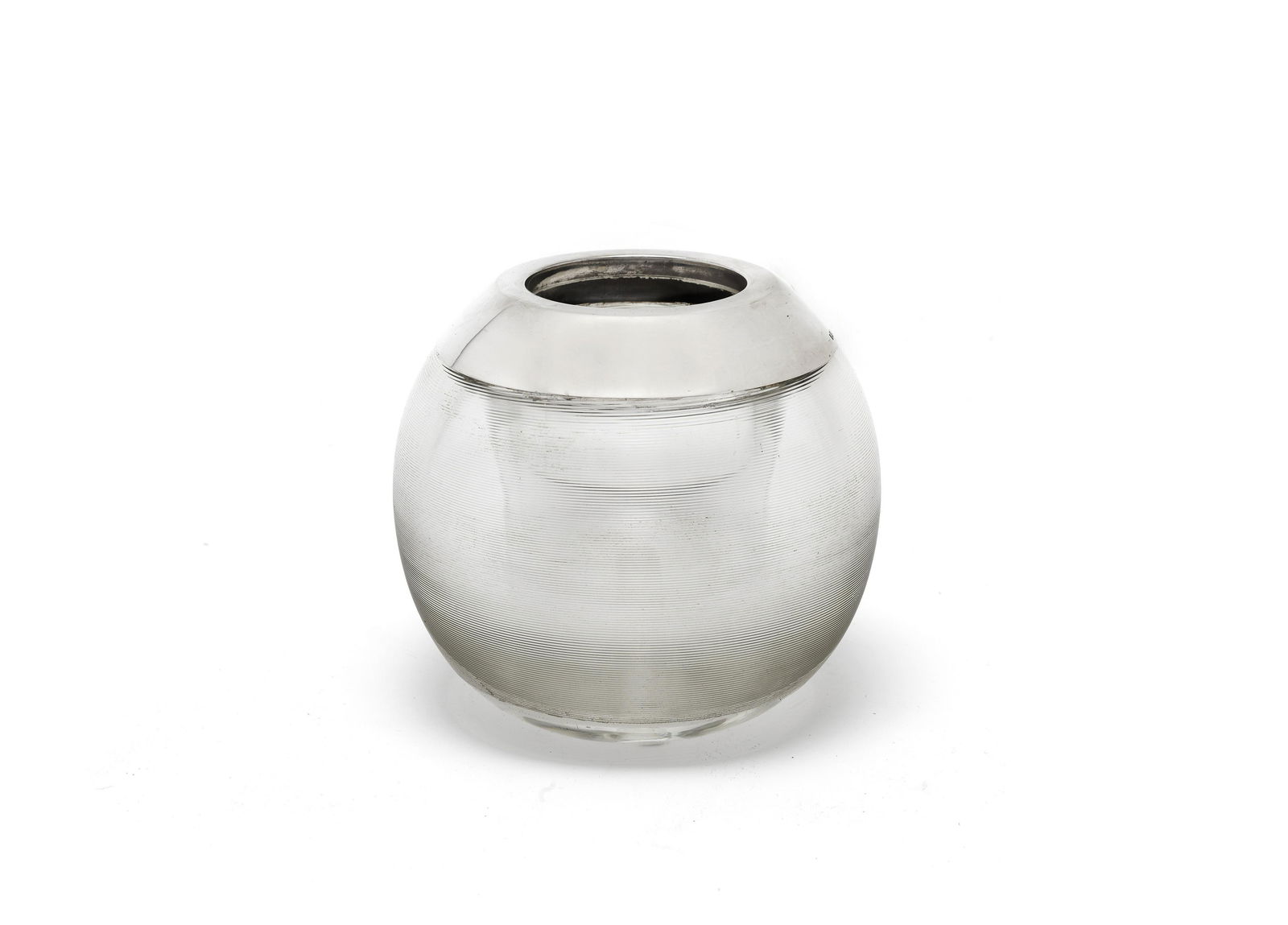 A large silver-mounted glass match strike: A large silver-mounted glass match strike Charles & Richard Comyns, London 1925 Spherical, with a ridged surface and cavity for long matches, height 13cm.