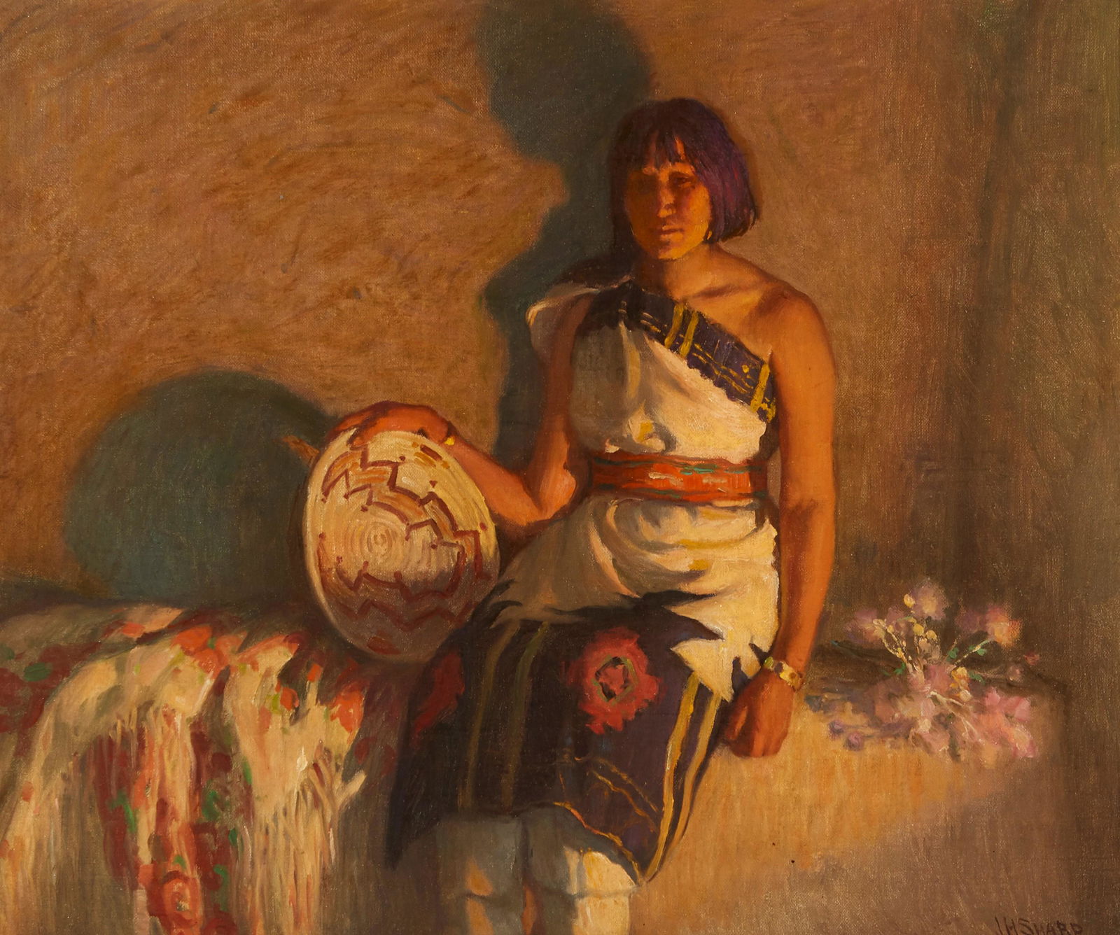 JOSEPH HENRY SHARP (1859-1953): Joseph Henry Sharp (1859-1953) Leaf Down - Taos Indian Girl signed 'J.H. Sharp' (lower right), signed again and titled (on an original board backing on the reverse) oil on canvas 20 x 24in framed 27 1