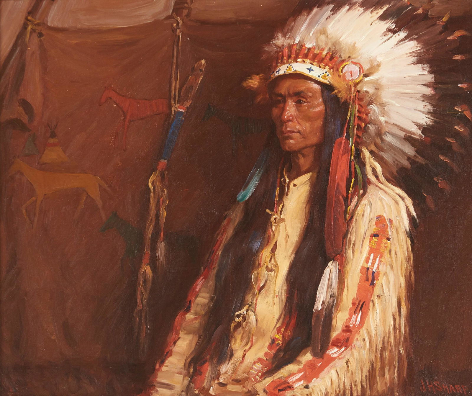 JOSEPH HENRY SHARP (1859-1953): Joseph Henry Sharp (1859-1953) Indian Chief signed 'J.H. Sharp' (lower right) oil on canvas 20 x 24in framed 30 x 34in Painted circa 1920. Footnotes: Provenance Edenhurst Gallery, Palm