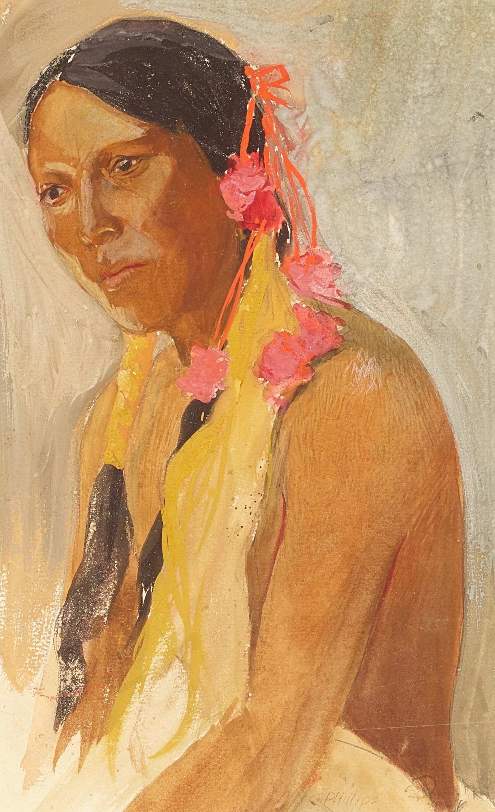 BERT GEER PHILLIPS (1868-1956): Bert Geer Phillips (1868-1956) Little White Feather signed 'Phillips' (lower right), signed again, partially indistinctly titled, inscribed and dated 'Taos Pueblo / July 8th 1910' (on the reverse), ar