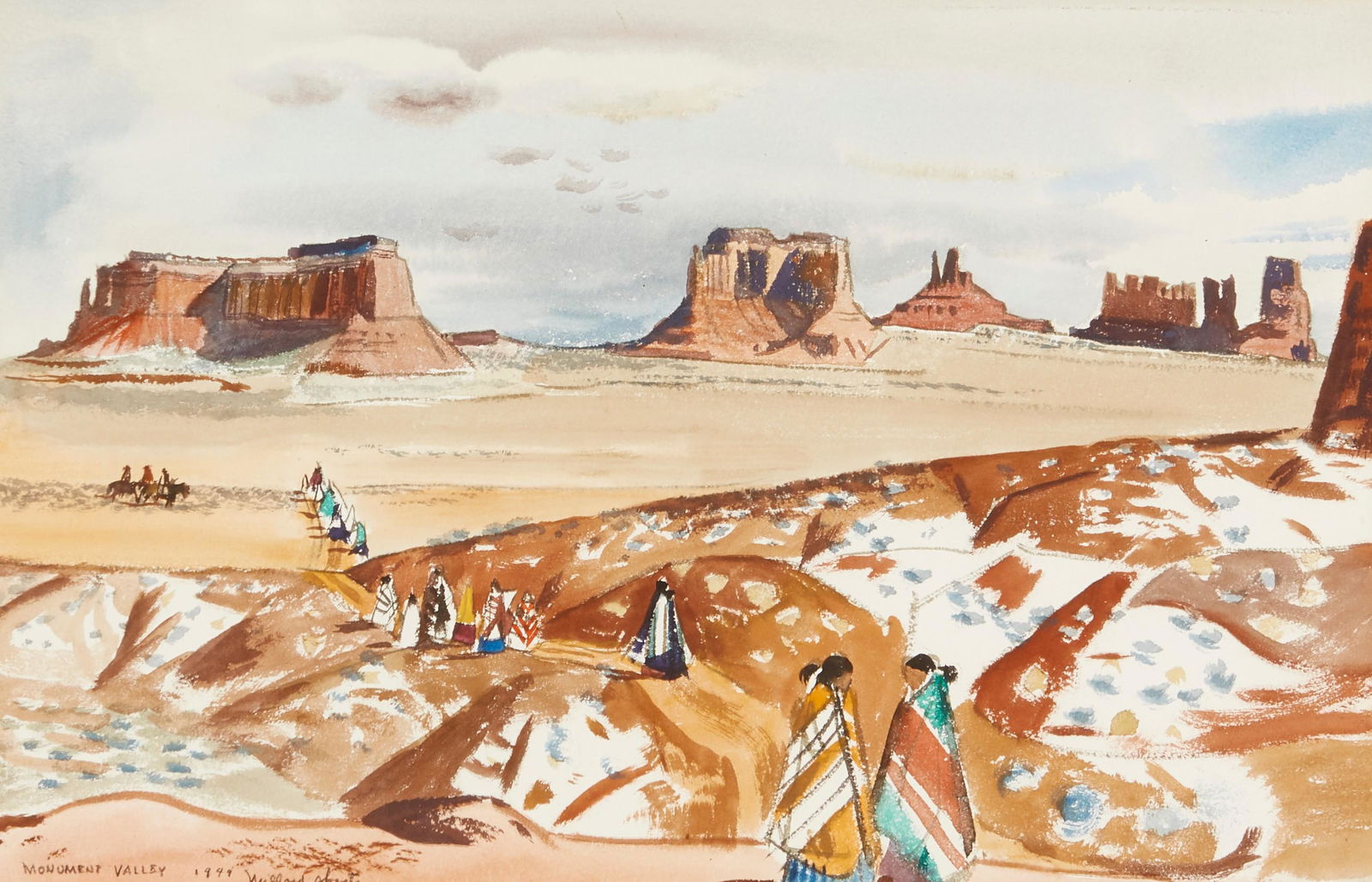 MILLARD OWEN SHEETS (1907-1989): Millard Owen Sheets (1907-1989) Monument Valley titled, dated and signed '1949 Millard Sheets' (lower left) watercolor on paper sight 14 x 22in framed 23 x 31in Painted in 1949. Footnotes: Prov