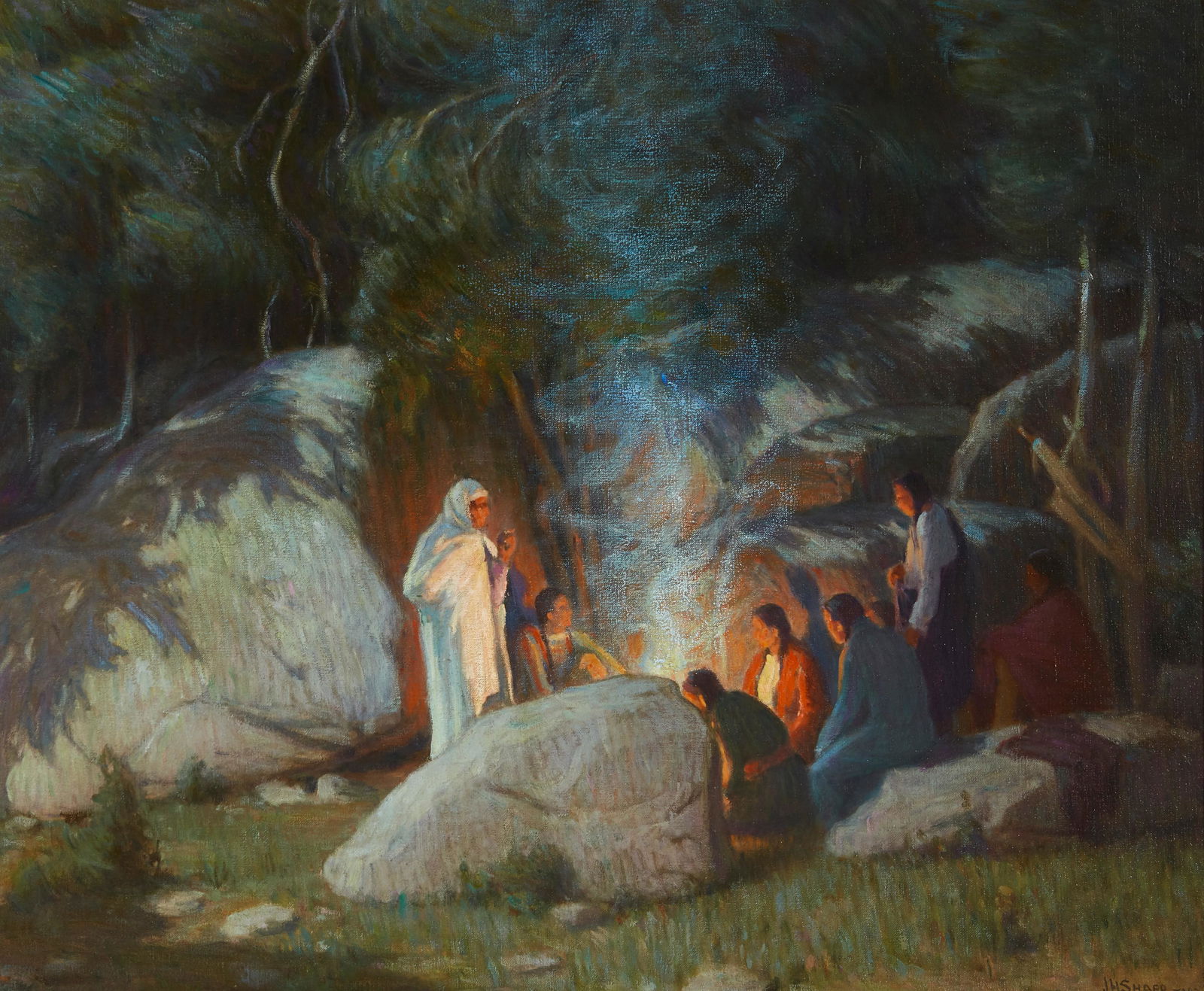 JOSEPH HENRY SHARP (1859-1953): Joseph Henry Sharp (1859-1953) Evening Council signed and inscribed 'J H SHARP TAOS' (lower right) oil on canvas 25 x 30in framed 34 1/2 X 39 1/2in Footnotes: Provenance Biltmore Galleries,