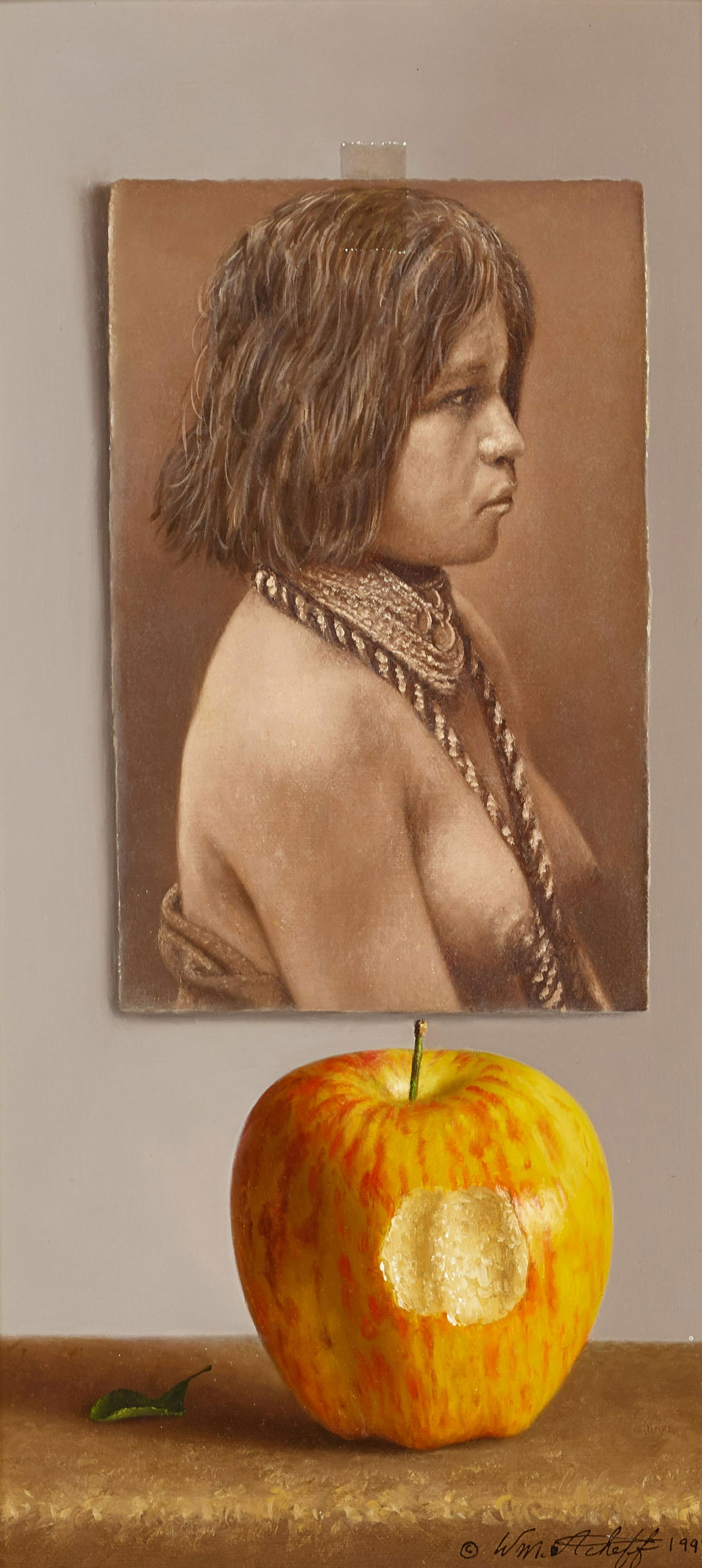 WILLIAM ACHEFF (BORN 1947): William Acheff (born 1947) Temptation signed and dated '© Wm. Acheff 1997' (lower right), signed and dated again, numbered and titled '497-710' (on the reverse) oil on canvas 12 x 6in framed 17 1