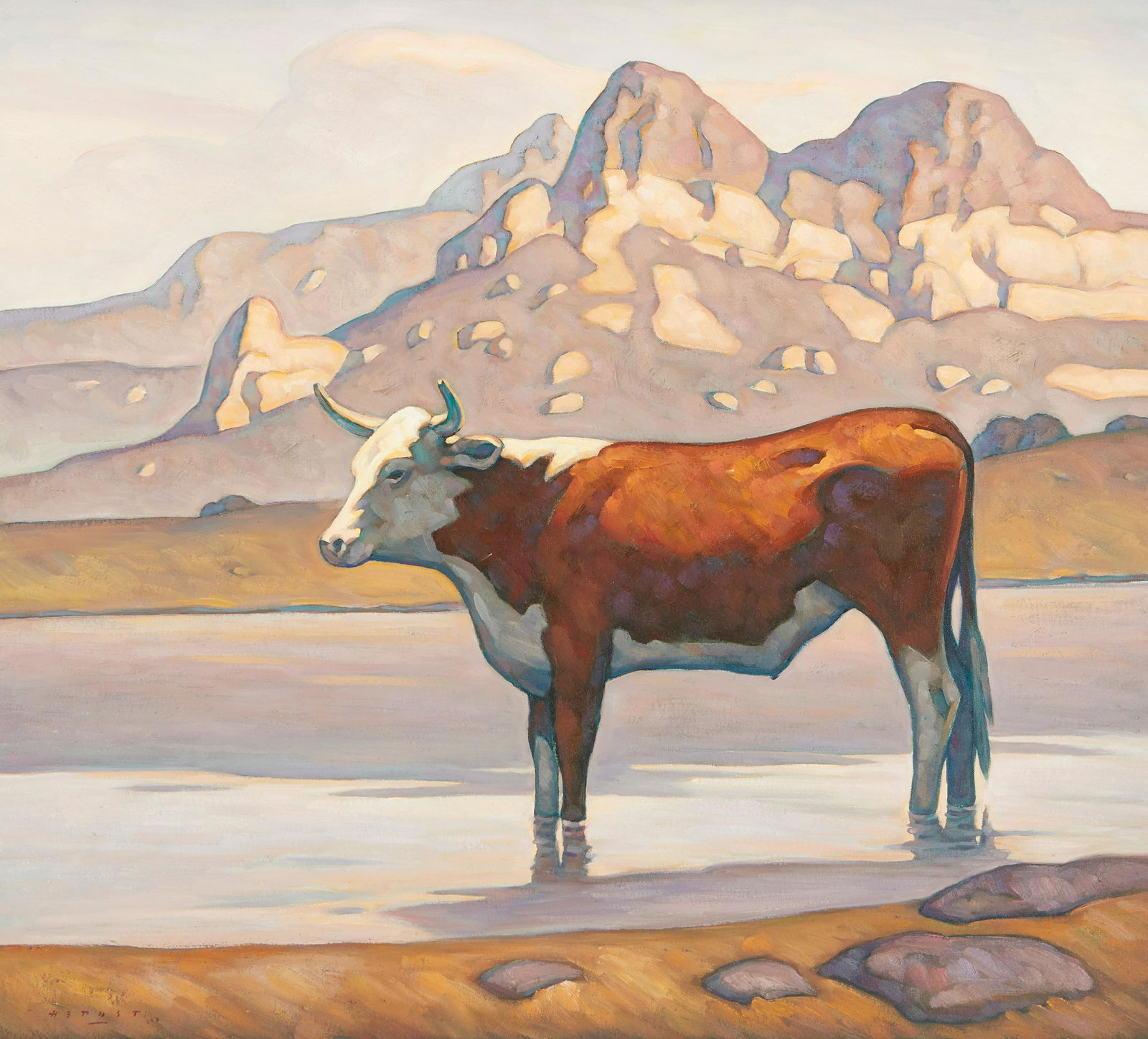 HOWARD POST (BORN 1948): Howard Post (born 1948) Waterhole Below the Buttes signed 'H.E. Post ©' (lower left) oil on canvas 36 x 40in framed 44 x 54in