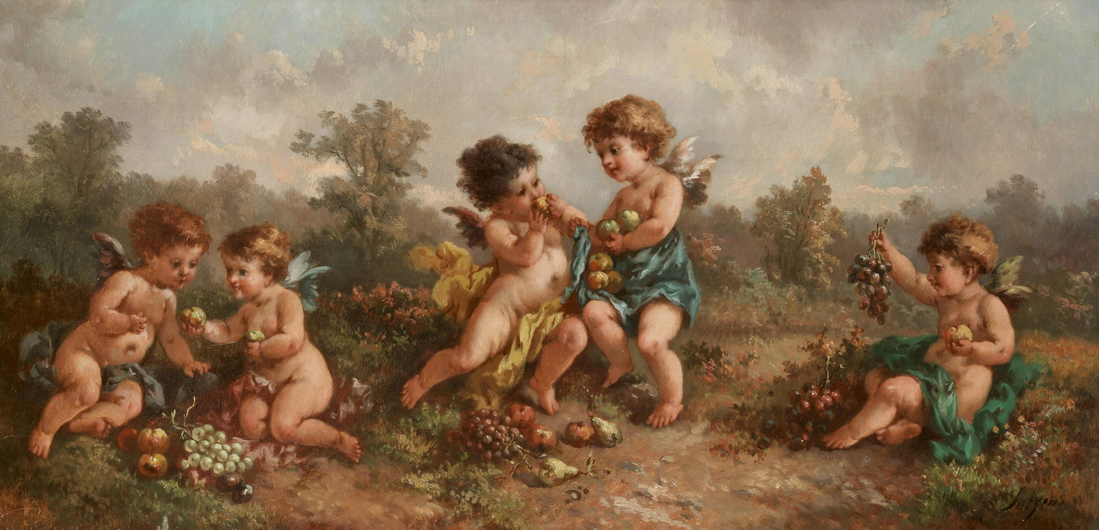 CHARLES AUGUSTUS HENRY LUTYENS (BRITISH, 1829-1915): Charles Augustus Henry Lutyens (British, 1829-1915) Cherubs tasting fruit signed 'Lutyens' (lower right) oil on canvas 45.7 x 91.1cm (18 x 35 7/8in). Footnotes: Provenance Anon.