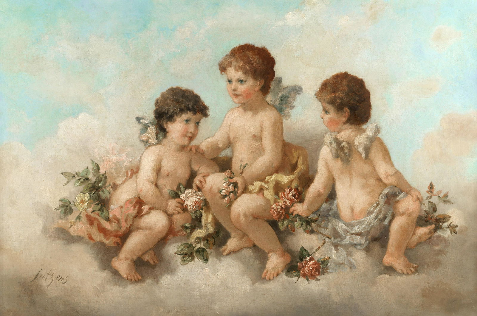 CHARLES AUGUSTUS HENRY LUTYENS (BRITISH, 1829-1915): Charles Augustus Henry Lutyens (British, 1829-1915) Cherubs in the clouds signed 'Lutyens' (lower left) oil on canvas 50.8 x 76.5cm (20 x 30 1/8in).