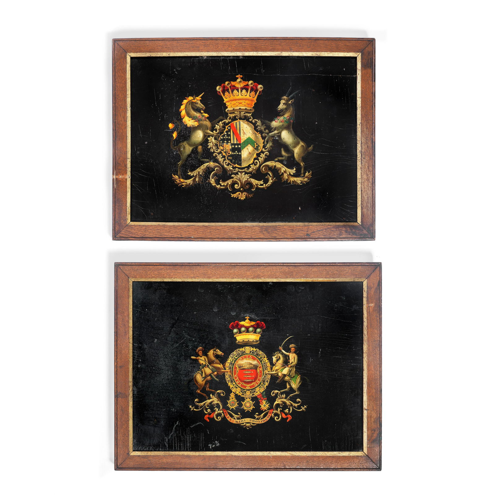 A RARE PAIR OF EARLY 19TH CENTURY CRESTED COACH PANELS: A rare pair of early 19th century crested coach panels painted with the armorial bearings of the Earl and Countess of Mulgrave and John Keane, 1st Baron Kean both panels finely painted in colours and