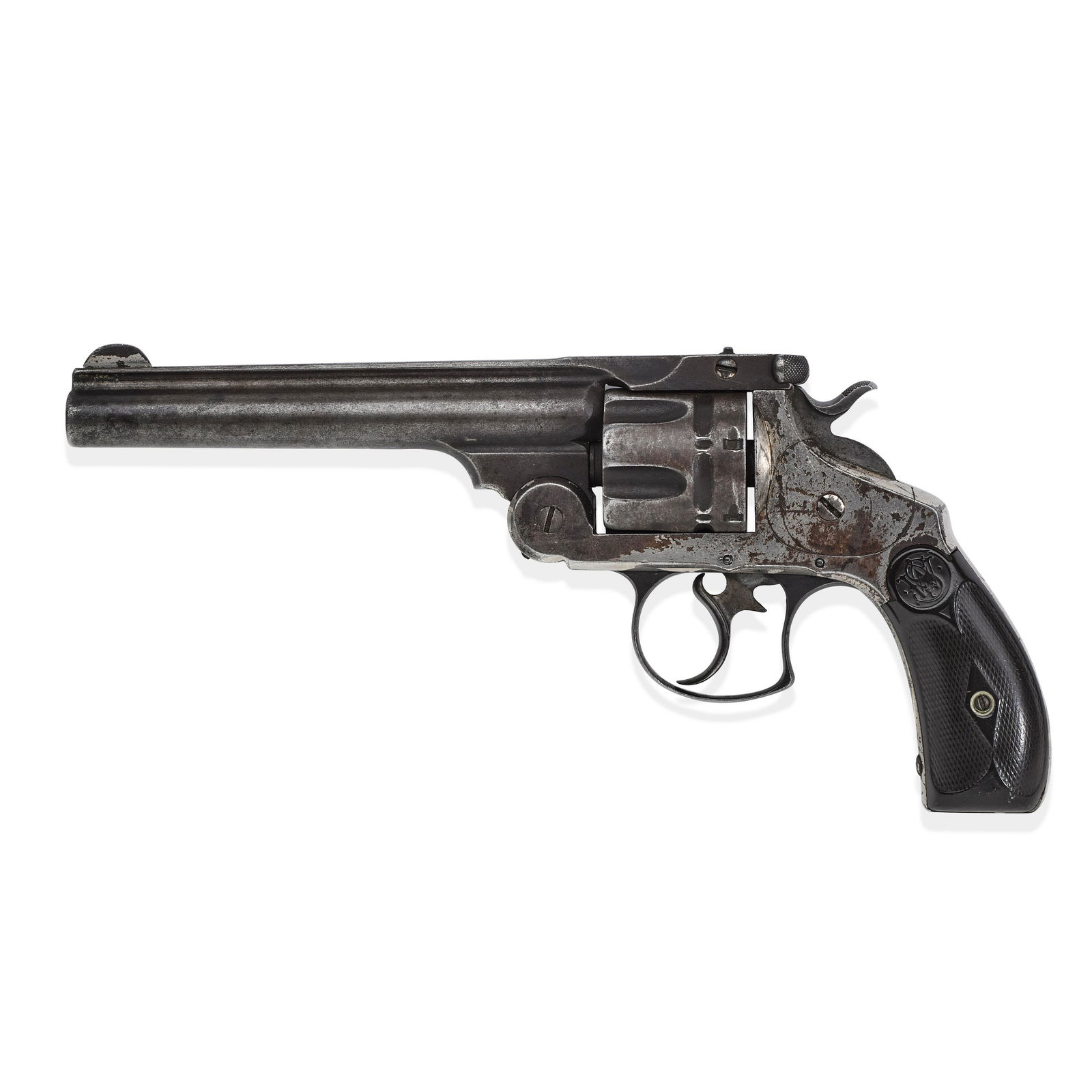 JOHN WESLEY HARDIN'S SMITH & WESSON DOUBLE ACTION: JOHN WESLEY HARDIN'S SMITH & WESSON DOUBLE ACTION 'FRONTIER' REVOLVER CARRIED WHEN HE WAS KILLED BY JOHN SELMAN. Serial no. 352, circa 1887, .44-40 caliber 6 inch barrel with two line address. Nickel