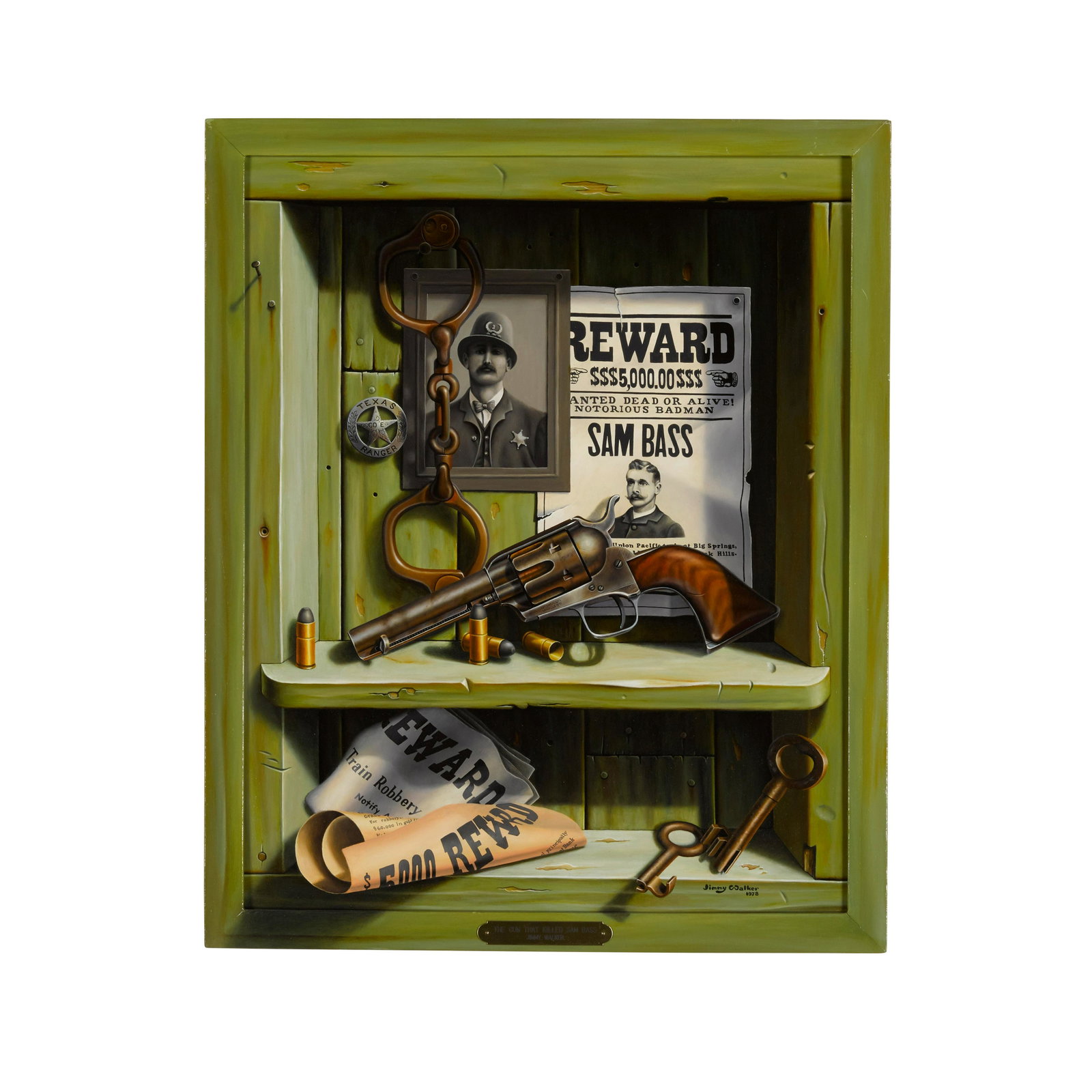 JIMMY WALKER (born 1927): JIMMY WALKER (born 1927) The Gun that Killed Sam Bass signed and dated 'Jimmy Walker / 1978' (lower right), titled on the presentation plaque oil on board with artist painted frame 20 x 16in framed 22