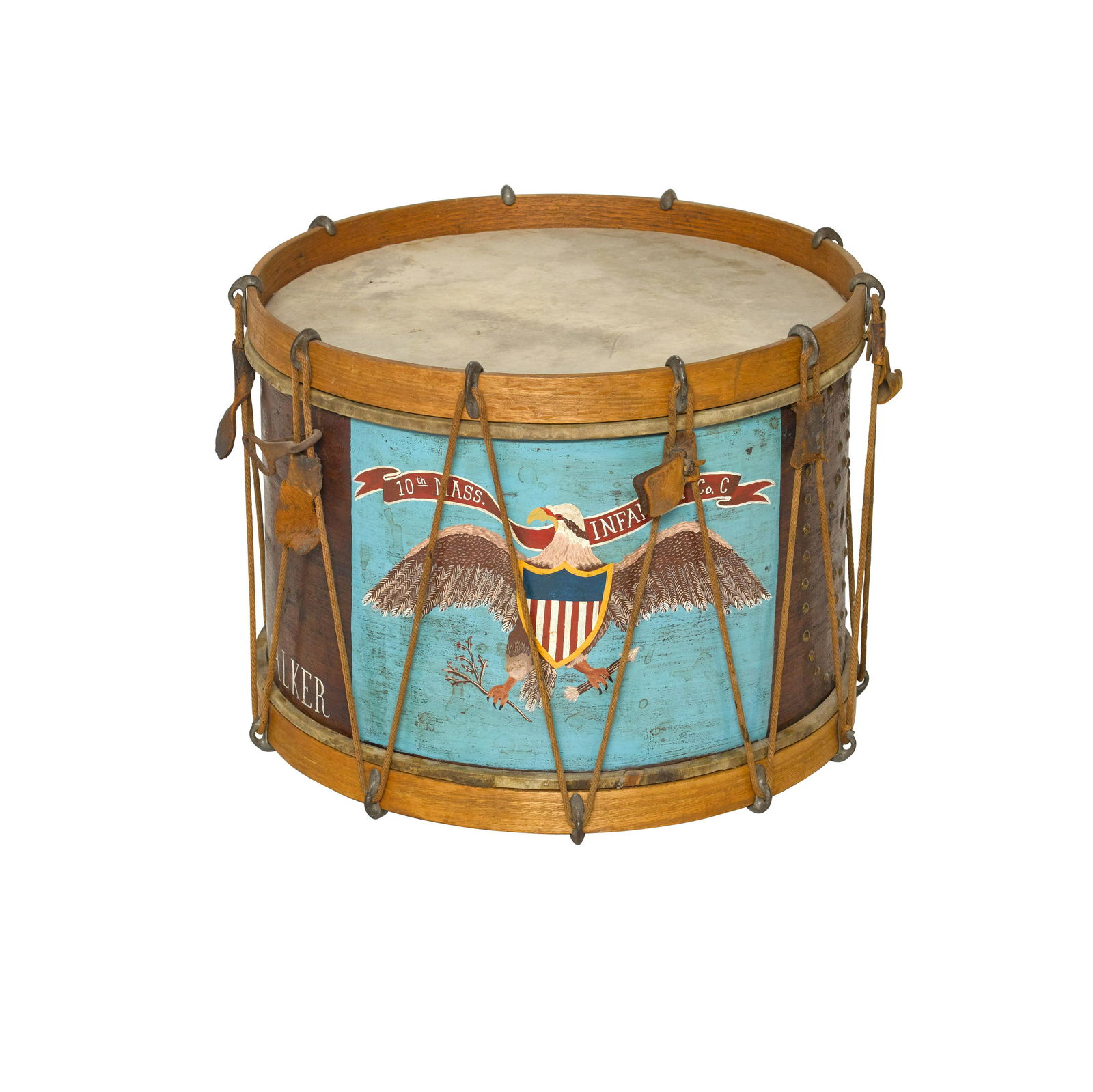 AN AMERICAN POLYCHROME PAINTED WOOD AND VELLUM CIVIL: AN AMERICAN POLYCHROME PAINTED WOOD AND VELLUM CIVIL WAR DRUM. Inscribed 10th Mass. Infantry Co. C Myron P. Walker. height 12 1/2in (32cm); diameter 17in (43cm) WITH: photocopies of Walker's pension p
