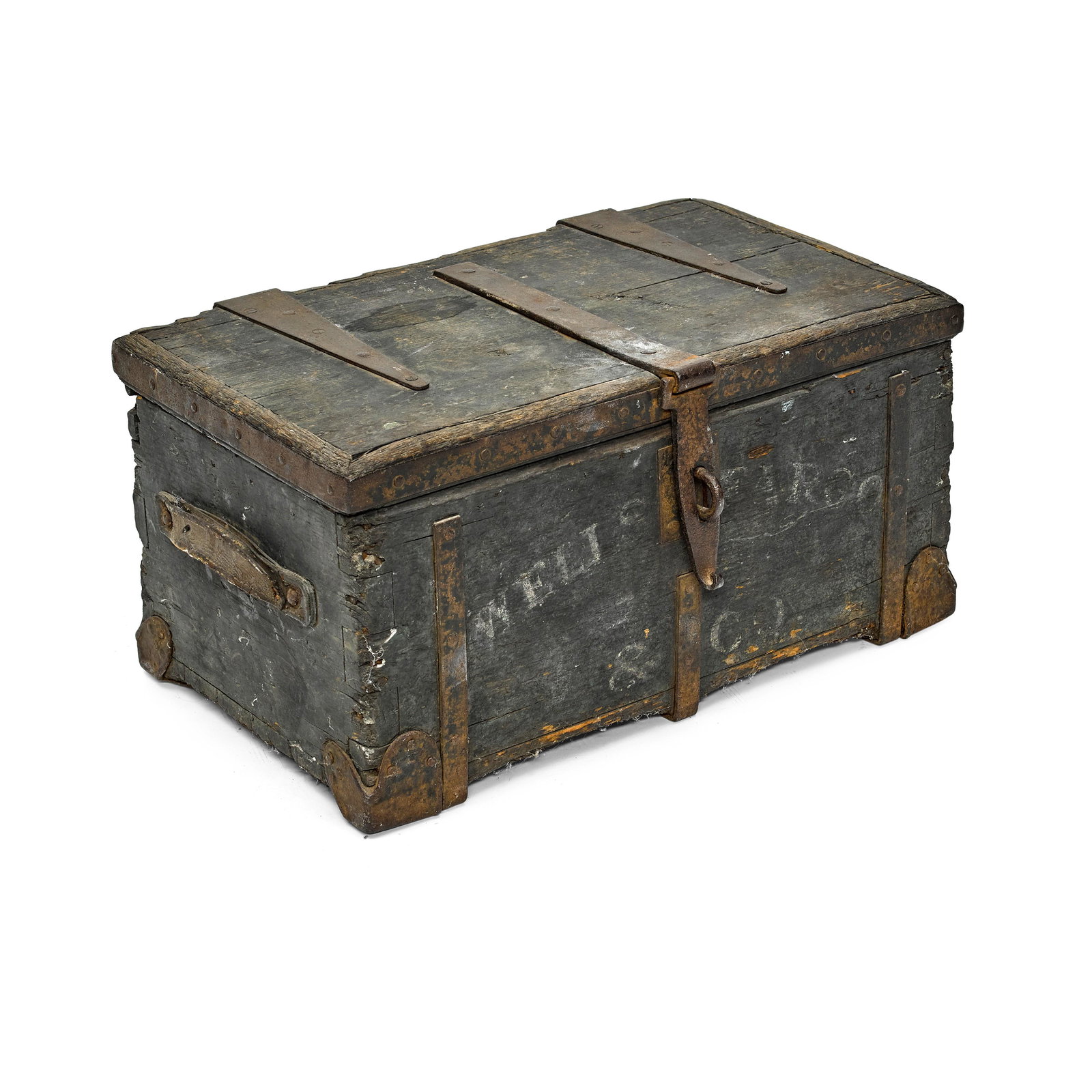 A WELLS FARGO AND COMPANY WOODEN STRONG BOX: A WELLS FARGO AND COMPANY WOODEN STRONG BOX Circa 1879 Painted on box WELLS FARGO & CO. Provenance: Gerald Fox Collection, sold Sotheby's Los Angeles, March 1973, to Ray Whitesides; sold to Jim Earle,