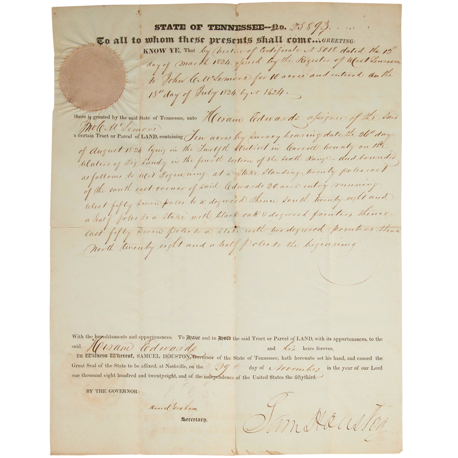 HOUSTON, SAM. 1793-1863.: HOUSTON, SAM. 1793-1863. Document Signed ('Sam Houston') as Governor of the state of Tennessee, 1 p, folio, partially printed and accomplished in manuscript, Nashville, November 29, 1828, awarding a t