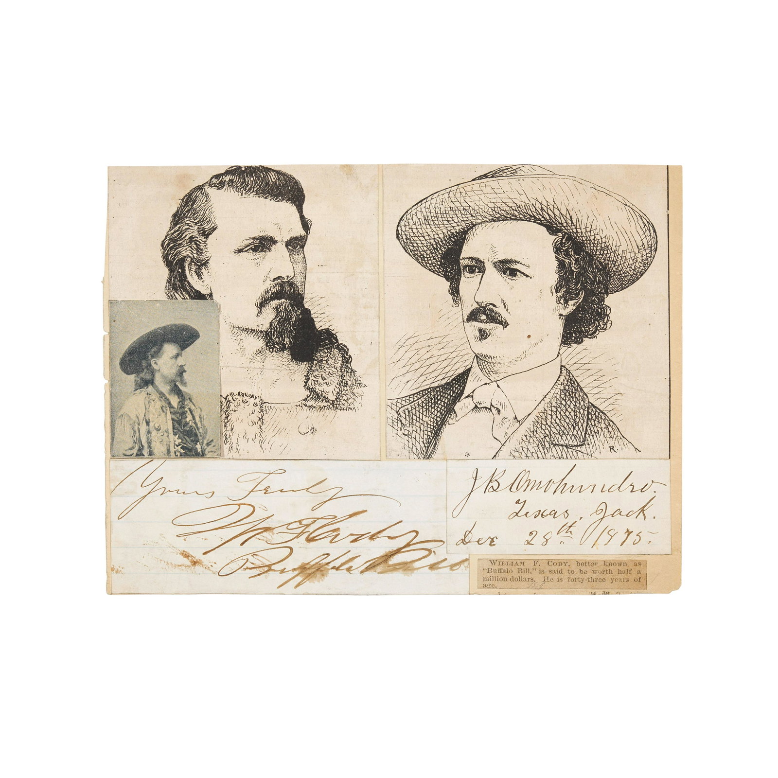 BUFFALO BILL AND TEXAS JACK.: BUFFALO BILL AND TEXAS JACK. CODY, WILLIAM F. and J.B. OMOHUNDRO. Cut Signatures ('W.F. Cody' and 'J.B. Omohundro 'Texas Jack''), laid down to larger leaf with cut portraits and newsprint, Cody undate