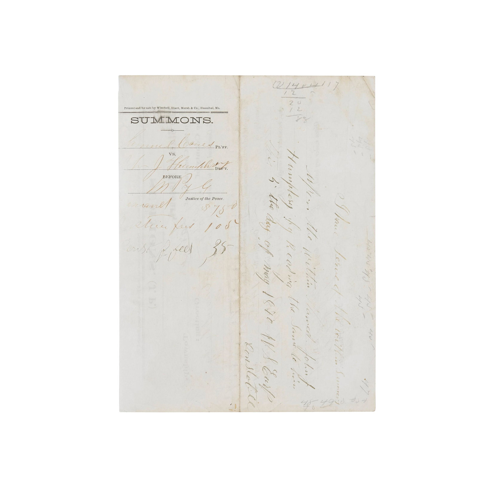 WYATT EARP SUMMONS.: WYATT EARP SUMMONS. EARP, WYATT. 1848-1929. Autograph Endorsement Signed ('W.S. Earp / Constable') on verso of summons issued for John J. Humphrey, partially printed and accomplished in manuscript, 2 