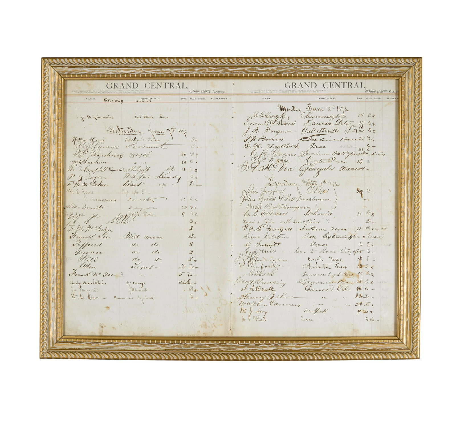 BEN THOMPSON ARRIVES IN ELLSWORTH, KANSAS.: BEN THOMPSON ARRIVES IN ELLSWORTH, KANSAS. THOMPSON, BEN. 1843-1884. Signature ('Ben Thompson') on bifoliate ledger sheet of the Grand Central Hotel, 1 p, elephant folio, Ellsworth, Kansas, June 3, 18