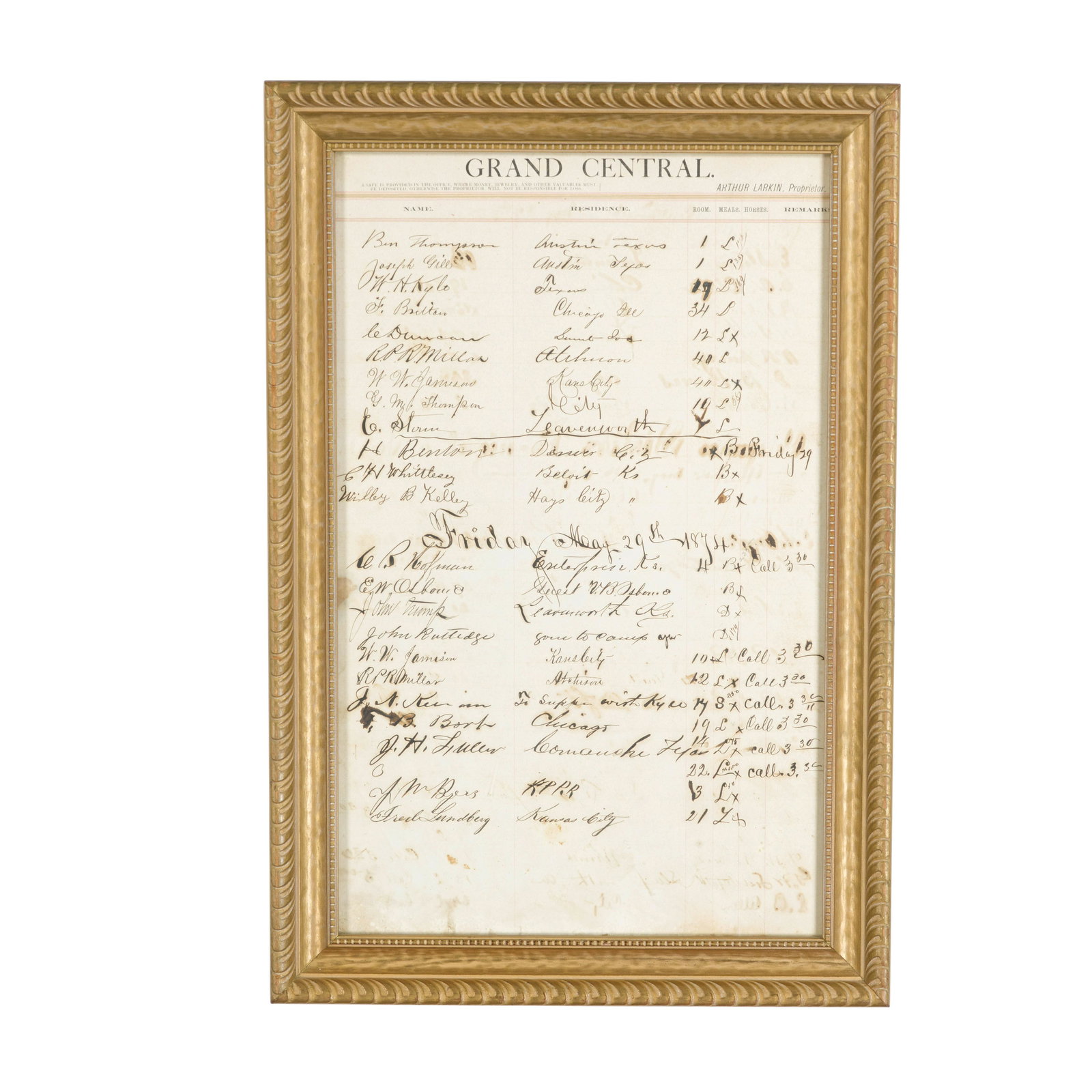 BEN THOMPSON RETURNS TO THE GRAND CENTRAL HOTEL.: BEN THOMPSON RETURNS TO THE GRAND CENTRAL HOTEL. Signature ('Ben Thompson') on ledger sheet of the Grand Central Hotel, 1 p, folio, Ellsworth, KS, May 28, 1874, on sheet printed 'Grand Central ... Art