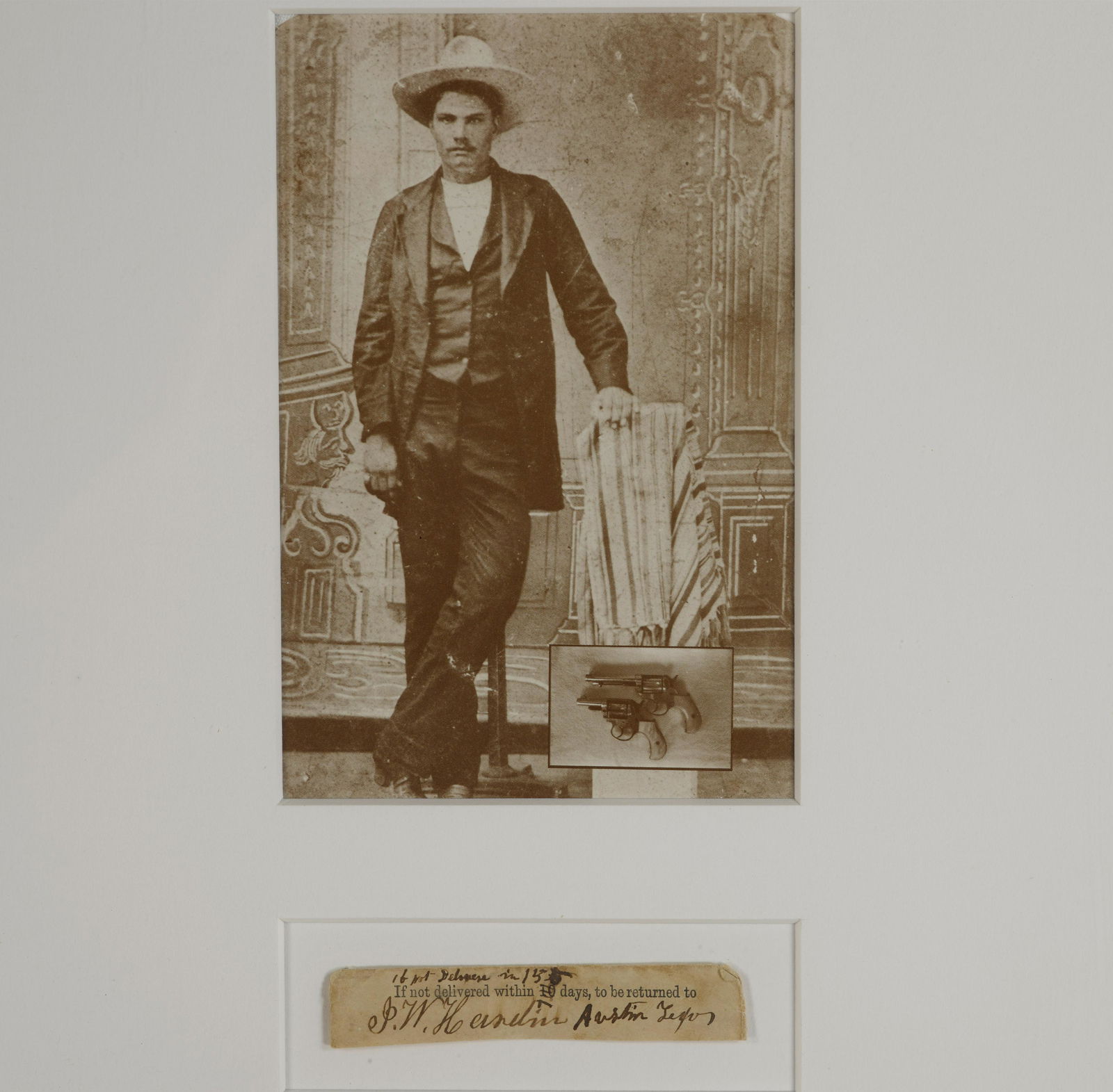 HARDIN, JOHN WESLEY. 1853-1895.: HARDIN, JOHN WESLEY. 1853-1895. Cut Signature ('J.W. Hardin Austin Texas'), on 5/8 x 3 1/2 inch sheet, partially printed postal notice, annotated by Hardin ('If not delivered in 15'), toned and thumbe