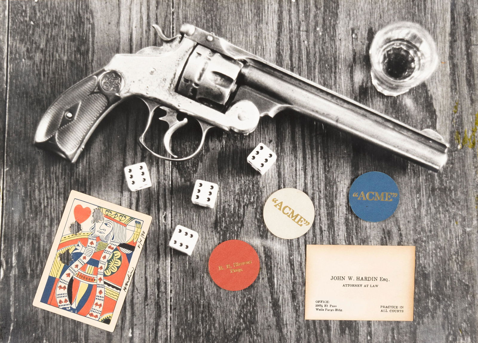 JOHN WESLEY HARDIN MEMORABILIA.: JOHN WESLEY HARDIN MEMORABILIA. 1. A playing card, King of Hearts, shot through with three bullet holes and signed ('Hardin 8/4/95'), 3 1/2 x 2 1/2 inches. 2. Printed business card, 2 1/16 x 3 1/6 inc