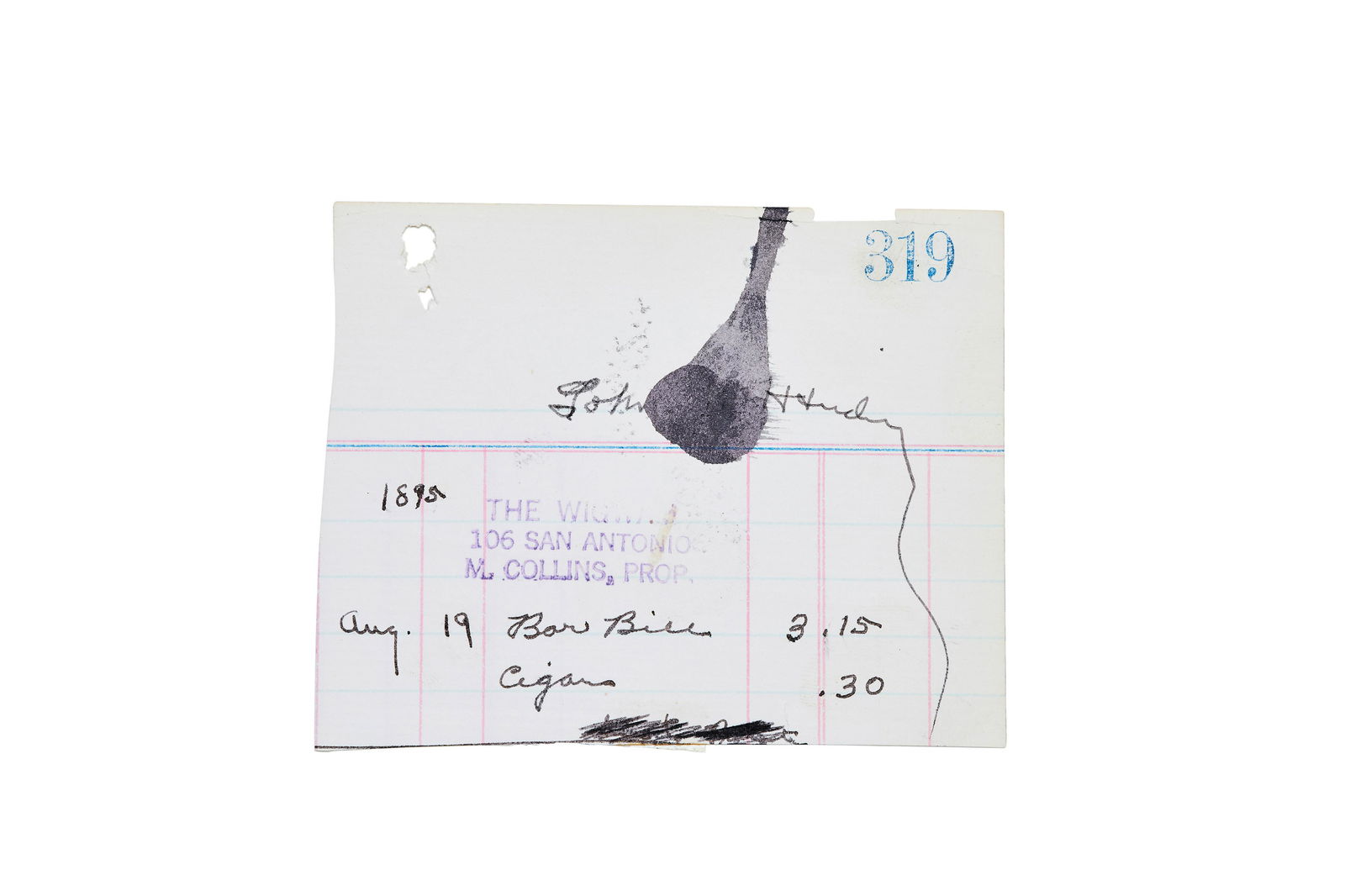 THE FINAL SIGNATURE OF JOHN WESLEY HARDIN.: THE FINAL SIGNATURE OF JOHN WESLEY HARDIN. HARDIN, JOHN WESLEY. 1853-1895. Manuscript signed ('John W. Hardin'), a bar bill from the Wigwam Saloon on the day he was killed, 77 x 108 mm, stamped 'THE W