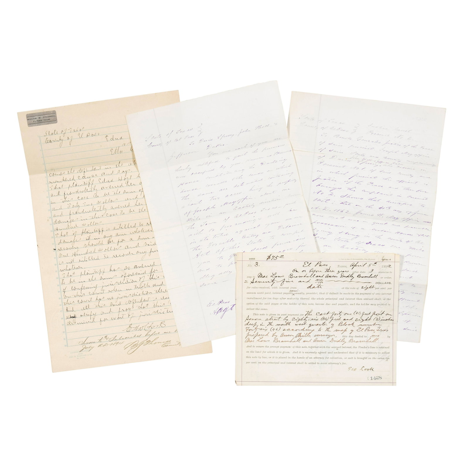EL PASO JUSTICE.: EL PASO JUSTICE. 5 items: 1. Summons for Frank Norris, Eugene Sullivan and Tom Wade to appear at the trial of Baz ('Bass') Outlaw, 1 p, 8vo, El Paso, TX, January 6, 1893, signed by B.J. Thomas as Cler
