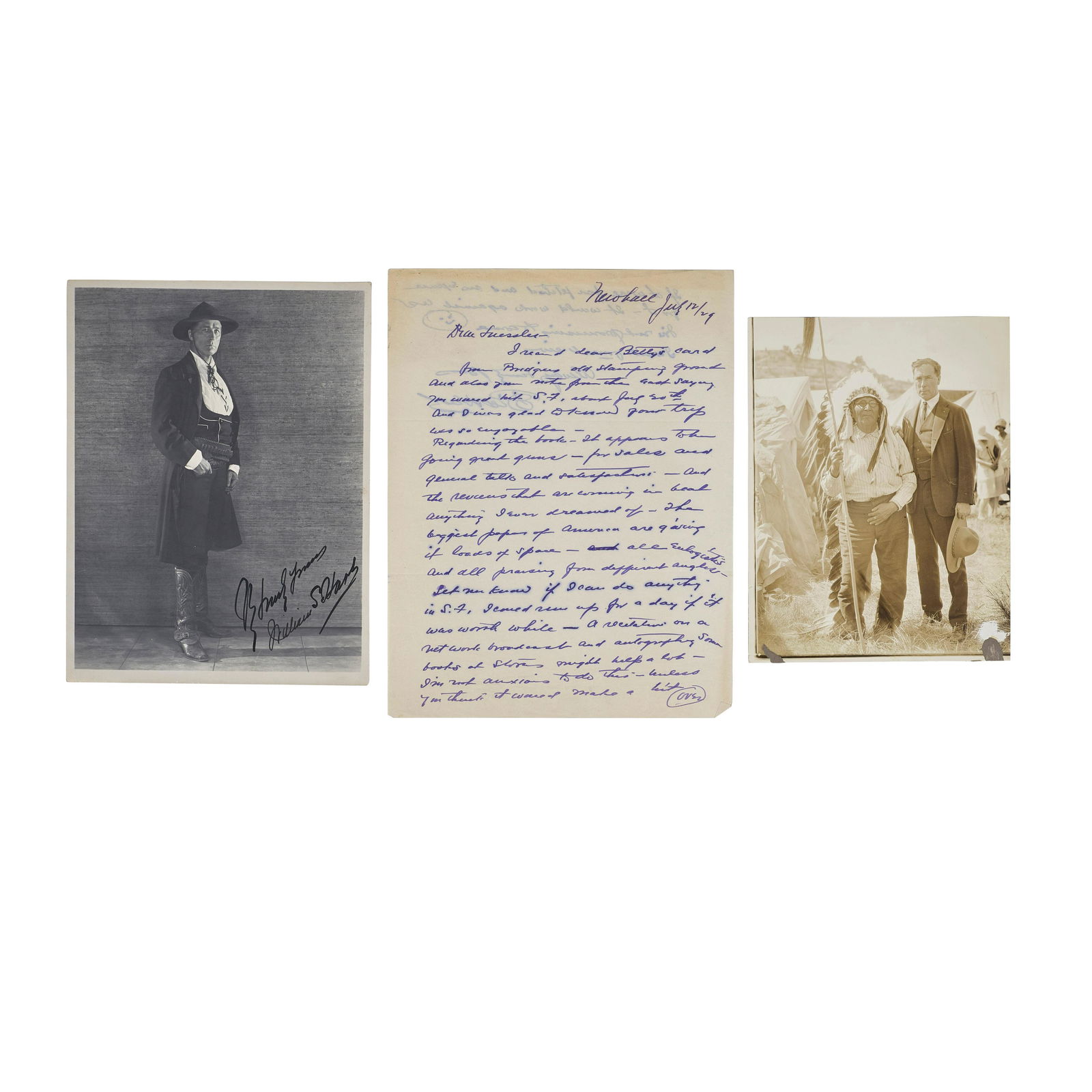 ARCHIVE OF WILLIAM S. HART LETTERS AND PHOTOGRAPHS.: ARCHIVE OF WILLIAM S. HART LETTERS AND PHOTOGRAPHS. 4 Autograph Letters Signed and 4 Typed Letters Signed ('William S. Hart' and 'Bill Hart'), 10 pp, 4to, Hollywood and Newhall, CA, February 21, 1918