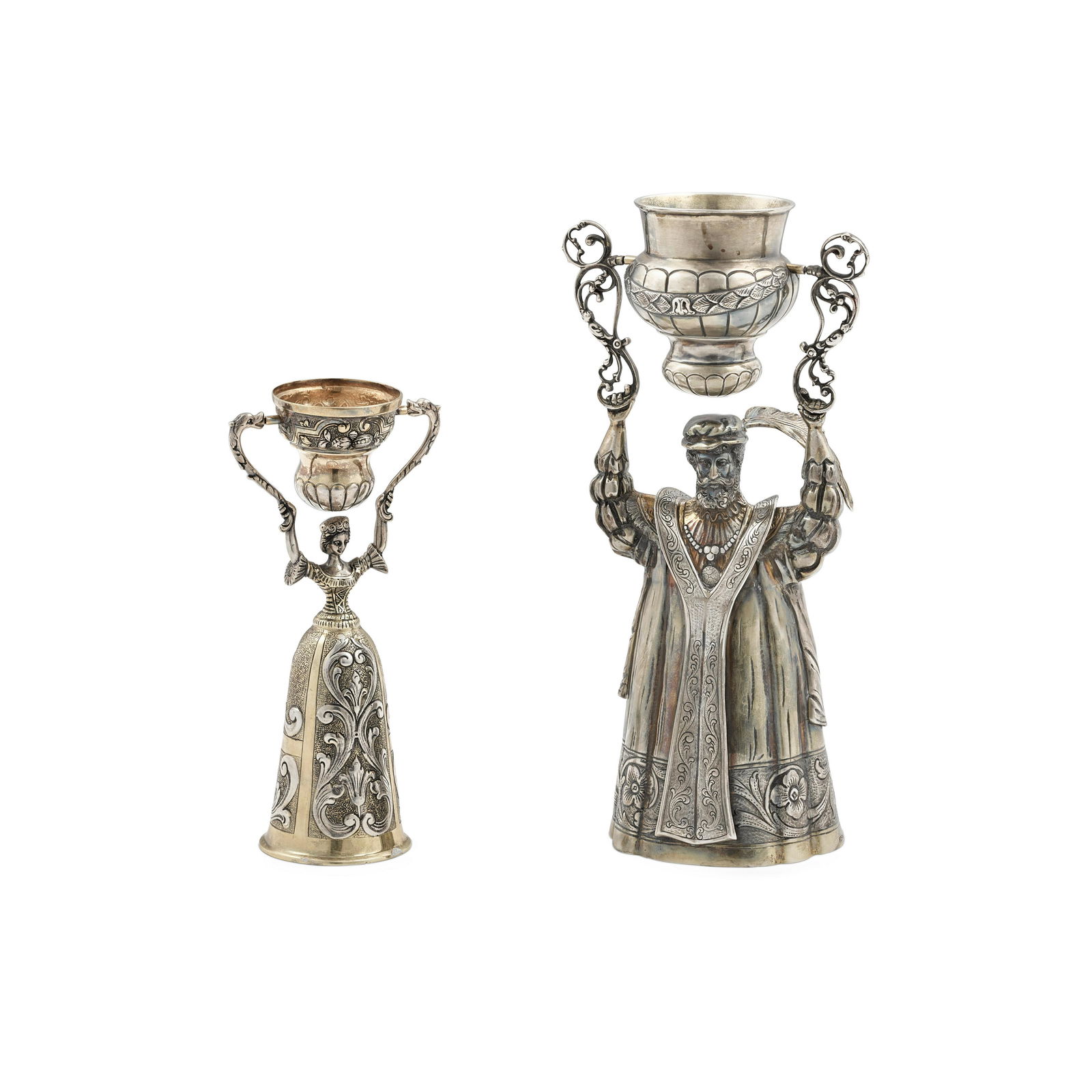 TWO GERMAN SILVER FIGURAL WAGER CUPS by various makers, (1 of 1)