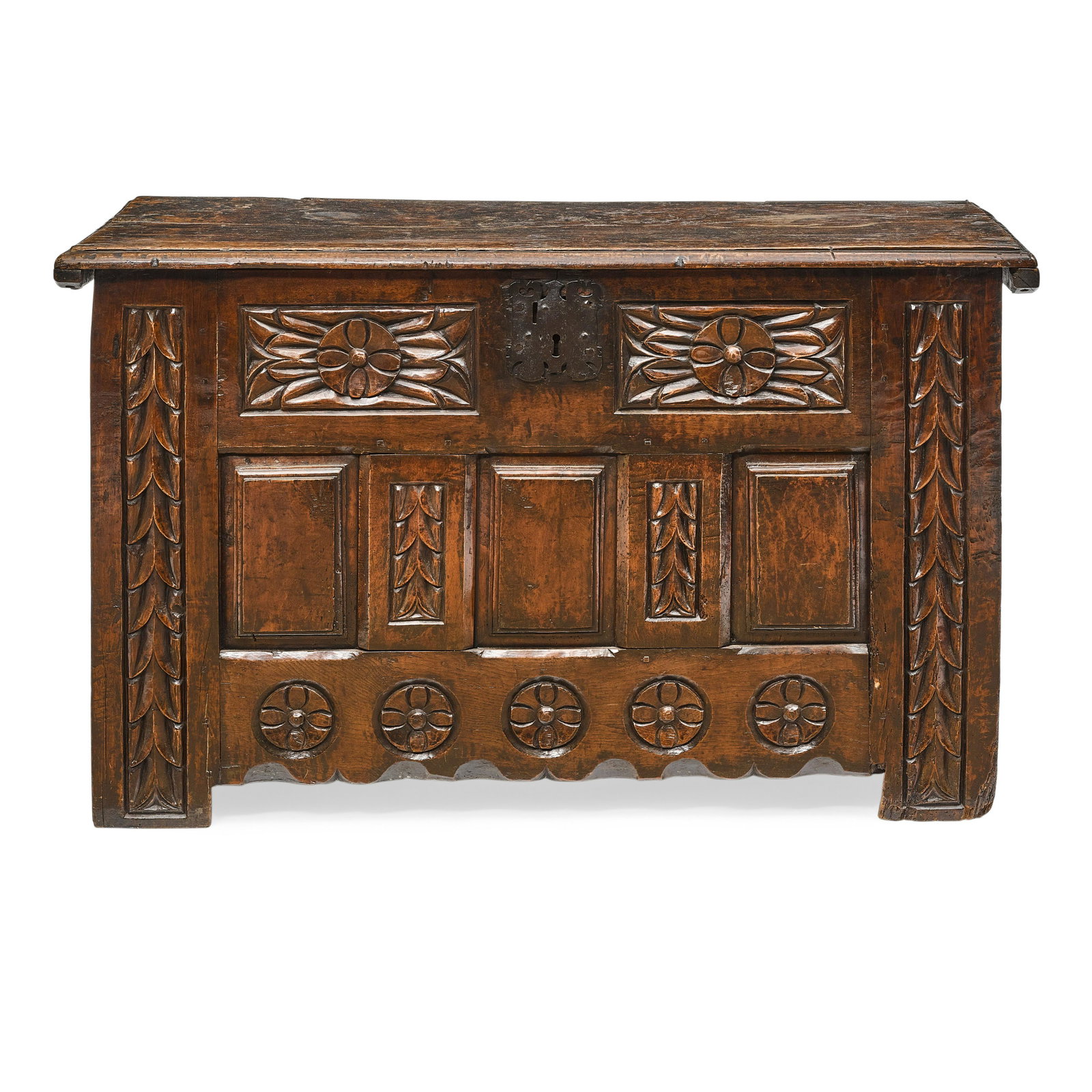 A CARVED OAK COFFERPossibly Central American, 18th: A CARVED OAK COFFER Possibly Central American, 18th century height 33in (84cm); width 52 1/2in (133cm); depth 26 1/2in (67cm) This lot is subject to the following lot symbols: W W If the lot i