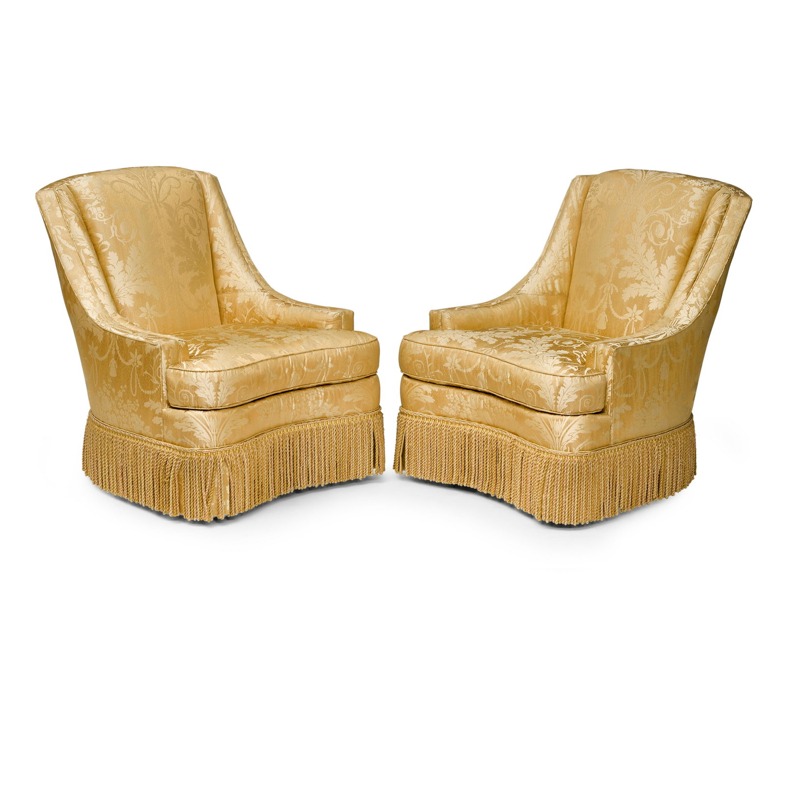 A PAIR OF SILK UPHOLSTERED ARMCHAIRS: A PAIR OF SILK UPHOLSTERED ARMCHAIRS height 37in (94cm); width 31 1/2in (79cm); depth 37in (94cm) For further information on this lot please visit Bonhams.com