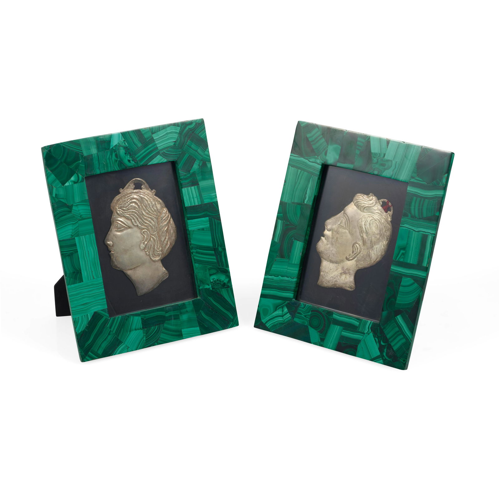 A PAIR OF MALACHITE FRAMES ENCLOSING SILVERED METAL (1 of 1)